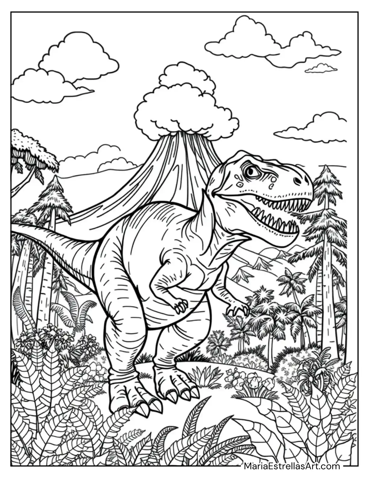 Tyrannosaurus Rex Exploring a Prehistoric Forest Coloring Sheet