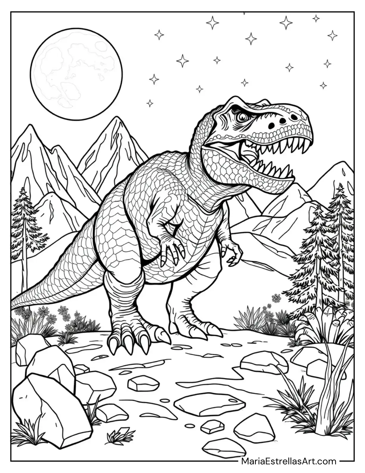 Tyrannosaurus Rex Growling Under the Moon for Kids to Color