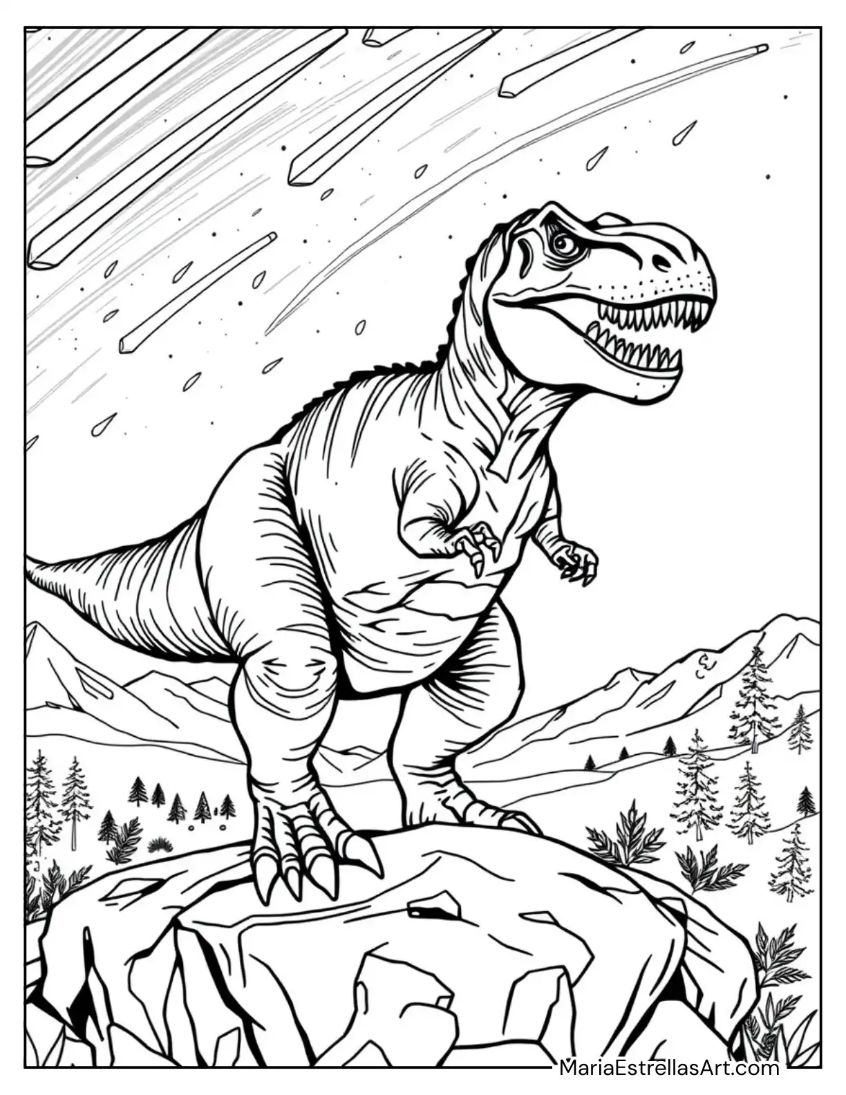 Tyrannosaurus Rex Looking at a Meteor Shower Coloring Sheet