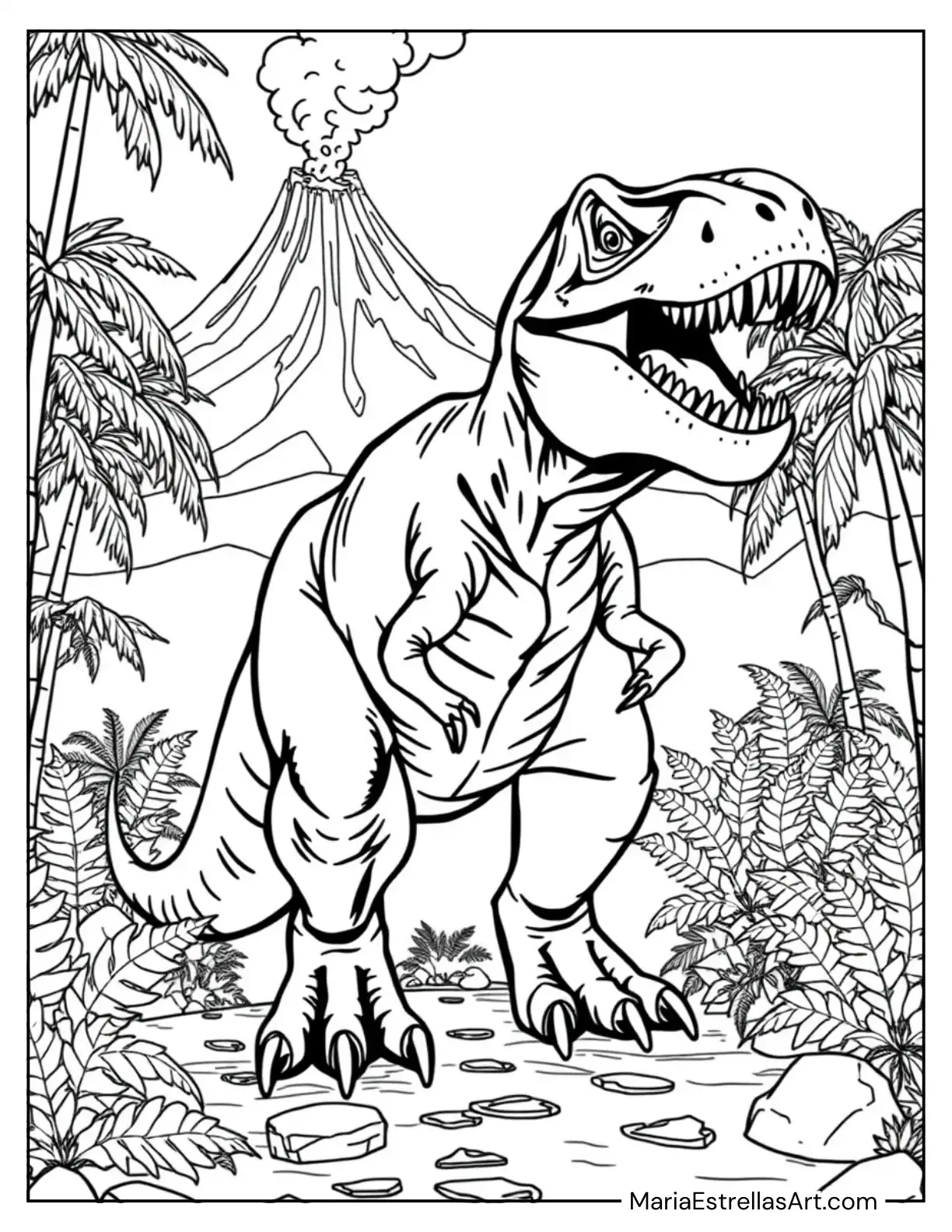 Tyrannosaurus Rex Roaring Fiercely Coloring Page