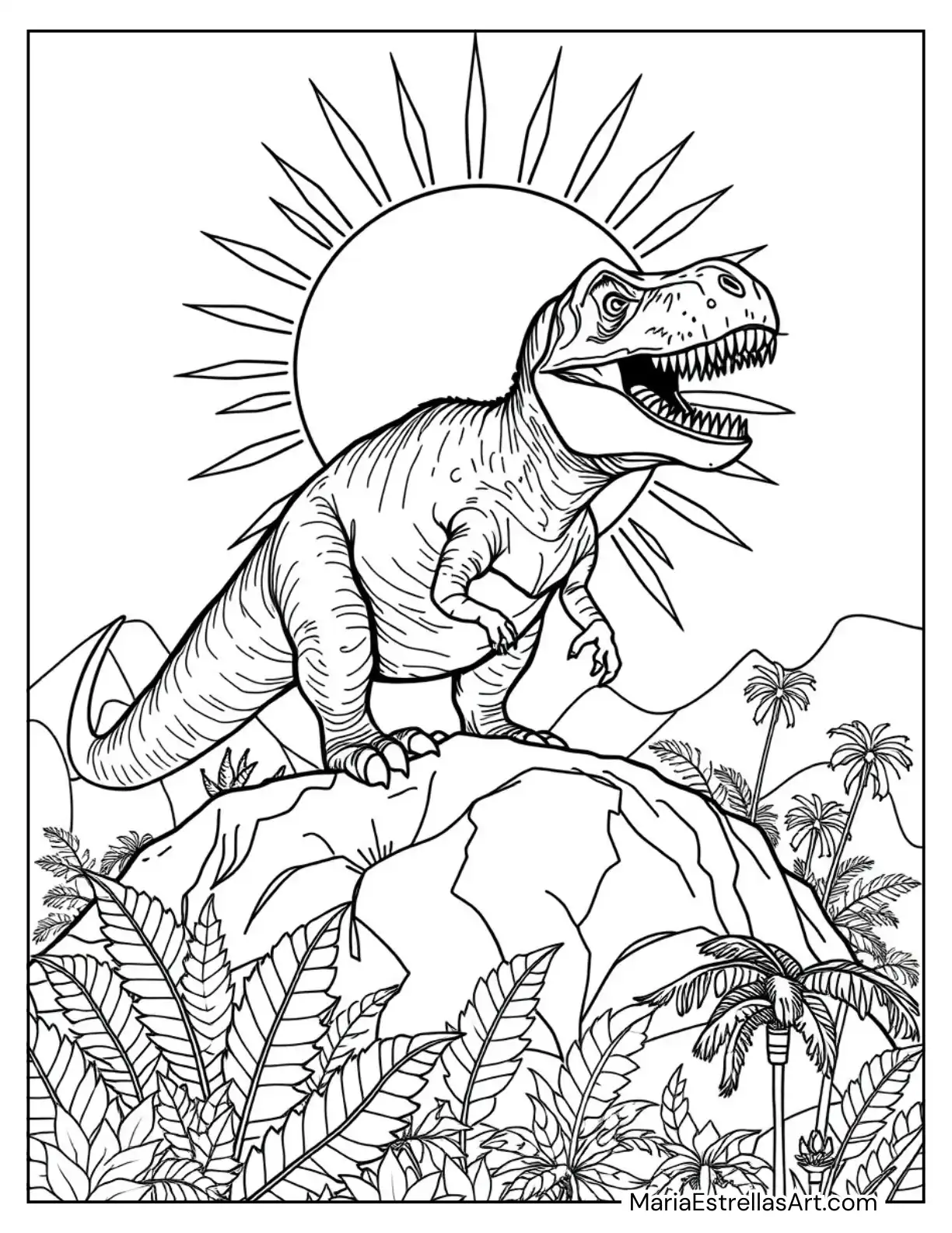 Tyrannosaurus Rex Roaring at the Sunrise Coloring Sheet