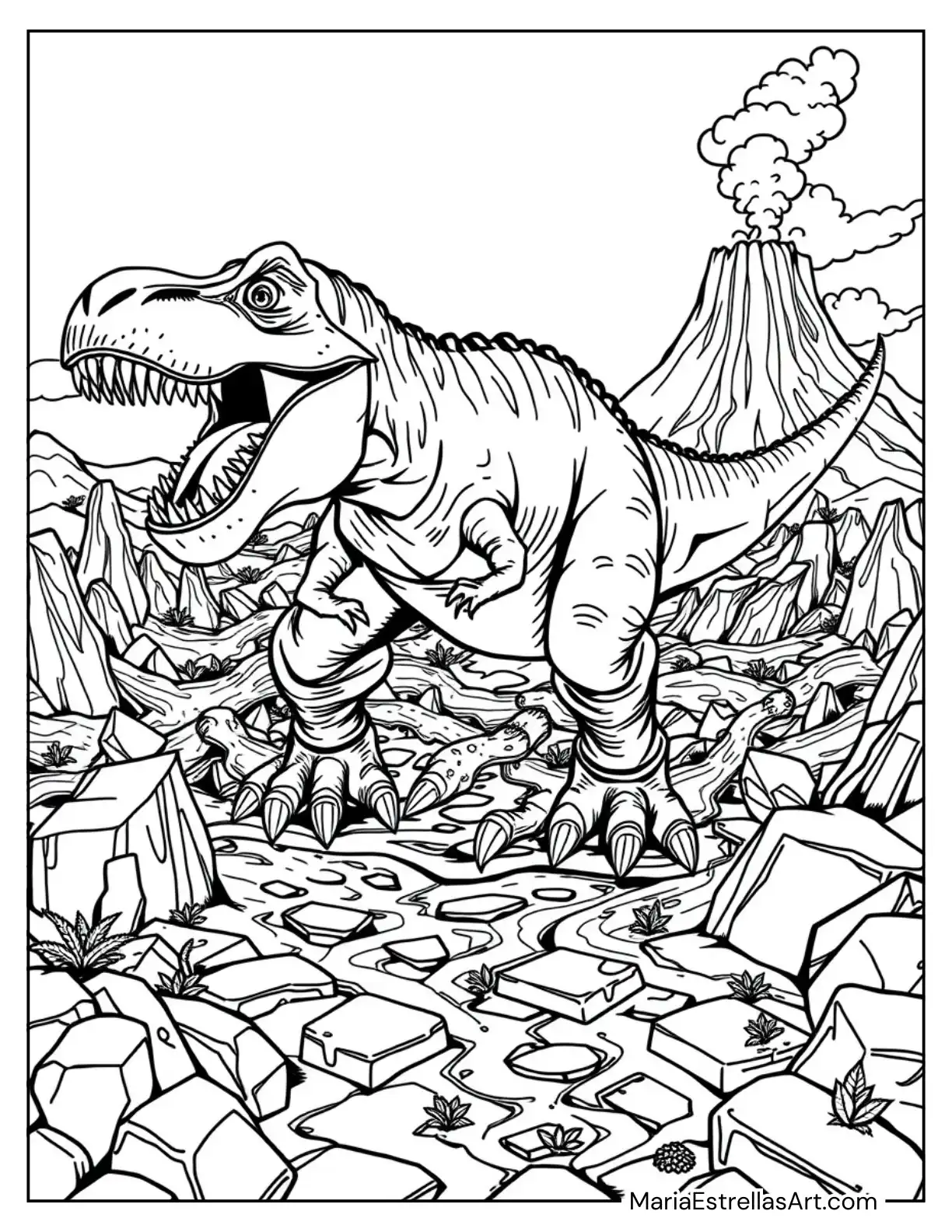 Tyrannosaurus Rex Roaring in a Lava Field Coloring Sheet