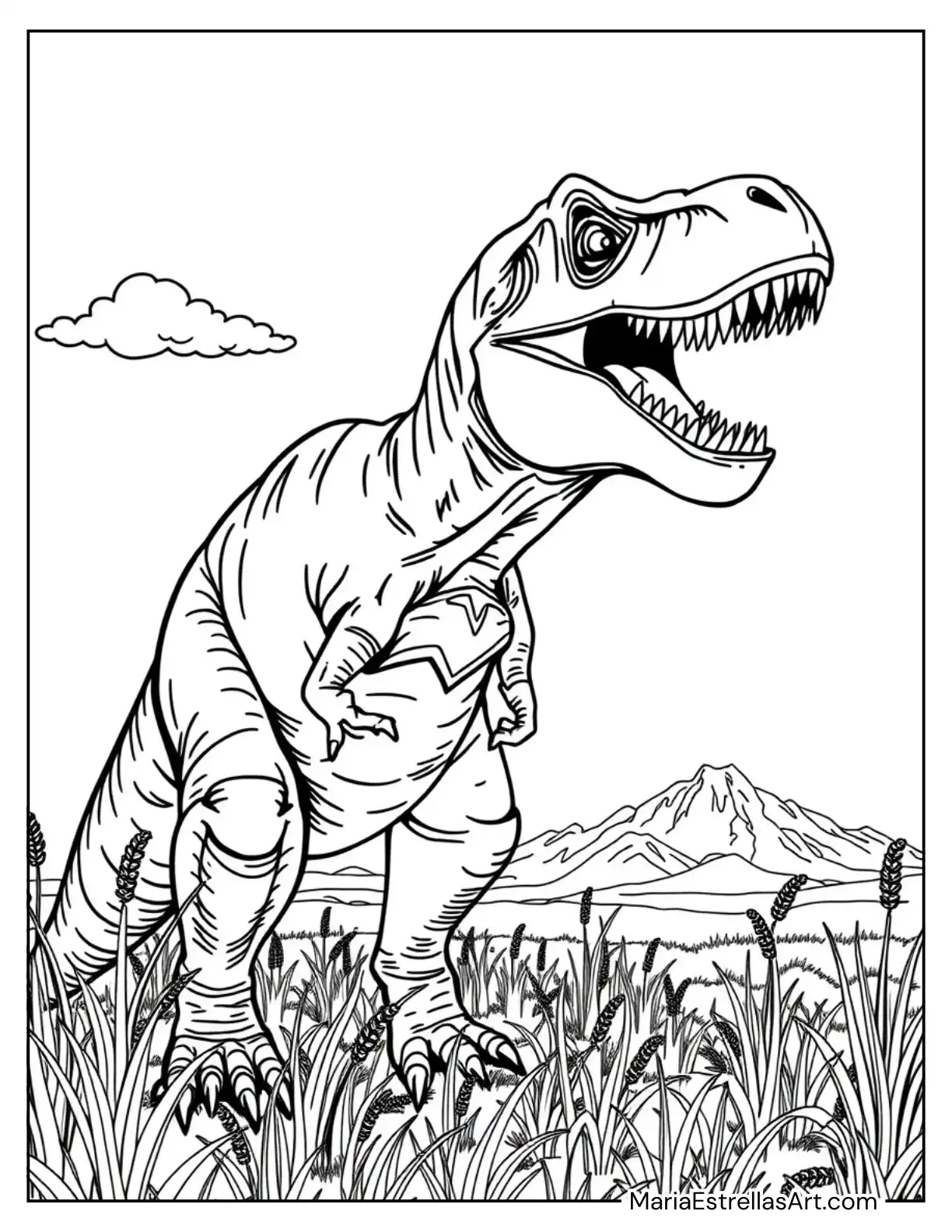 Tyrannosaurus Rex Roaring in an Open Grassland Coloring Page