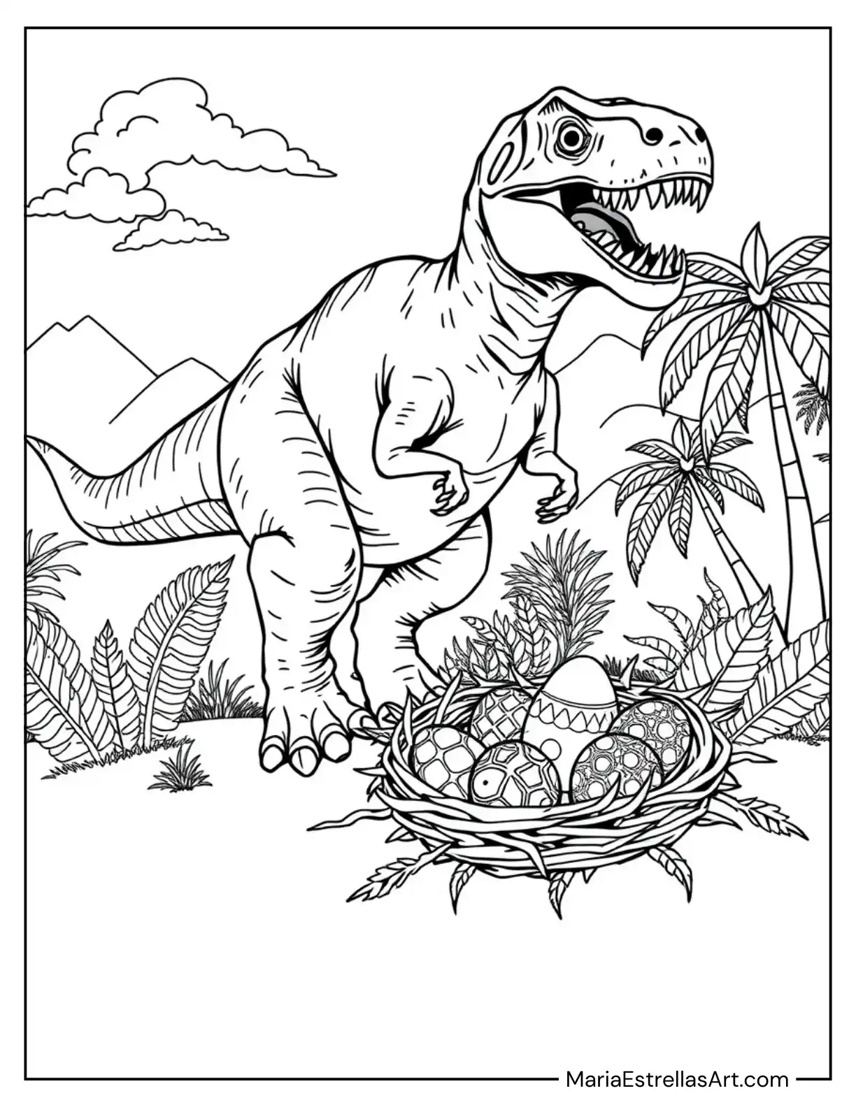 Tyrannosaurus Rex Standing Next to Dinosaur Eggs Coloring Sheet