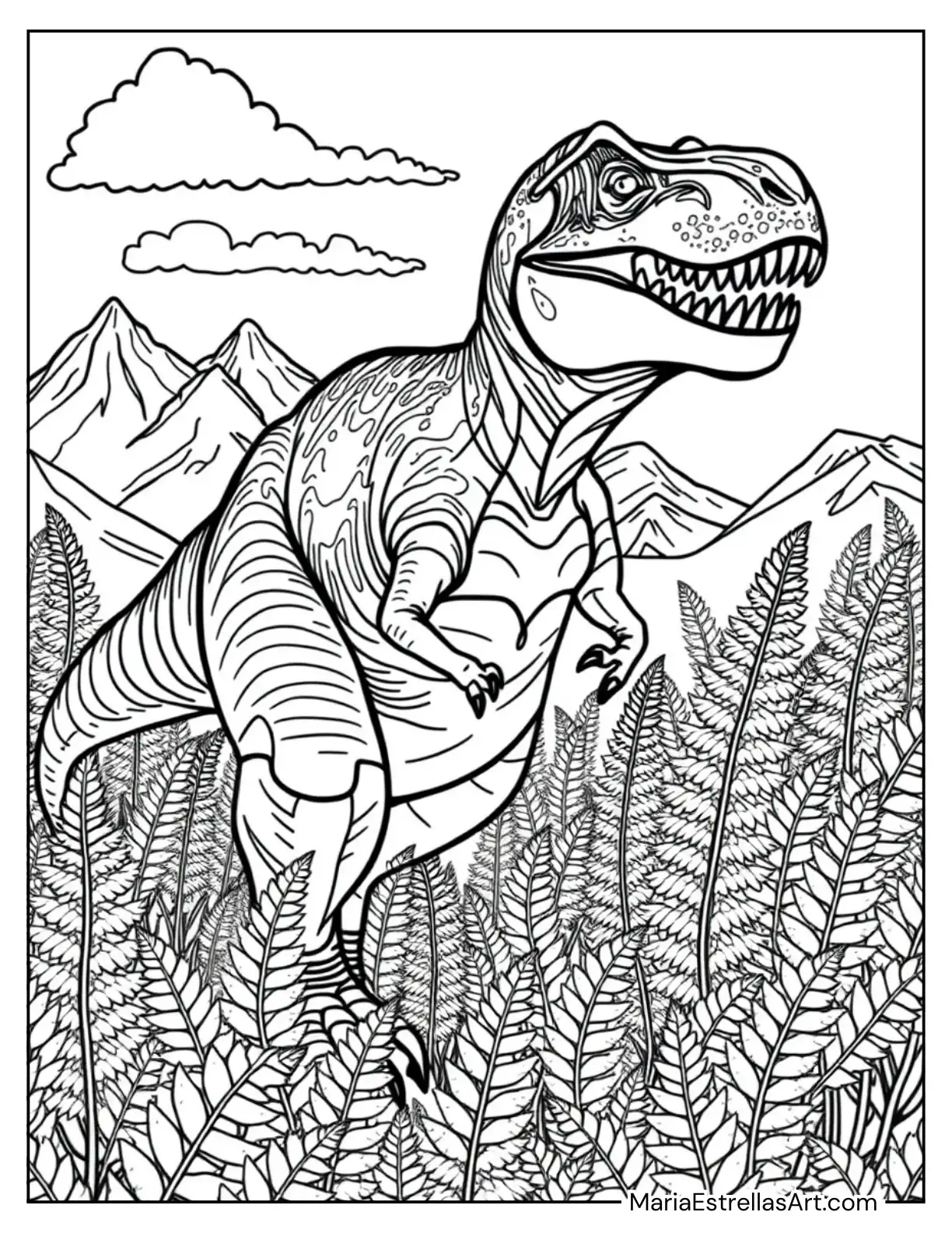 Tyrannosaurus Rex Surrounded by Tall Ferns Coloring Page