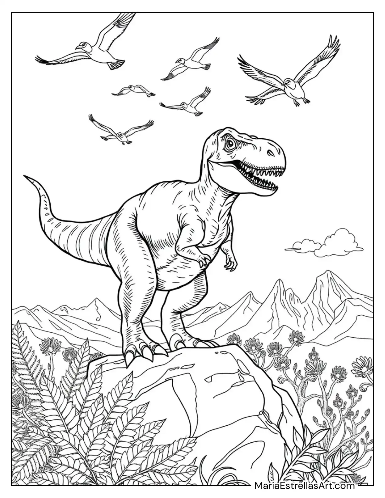 Tyrannosaurus Rex Watching Prehistoric Birds Fly