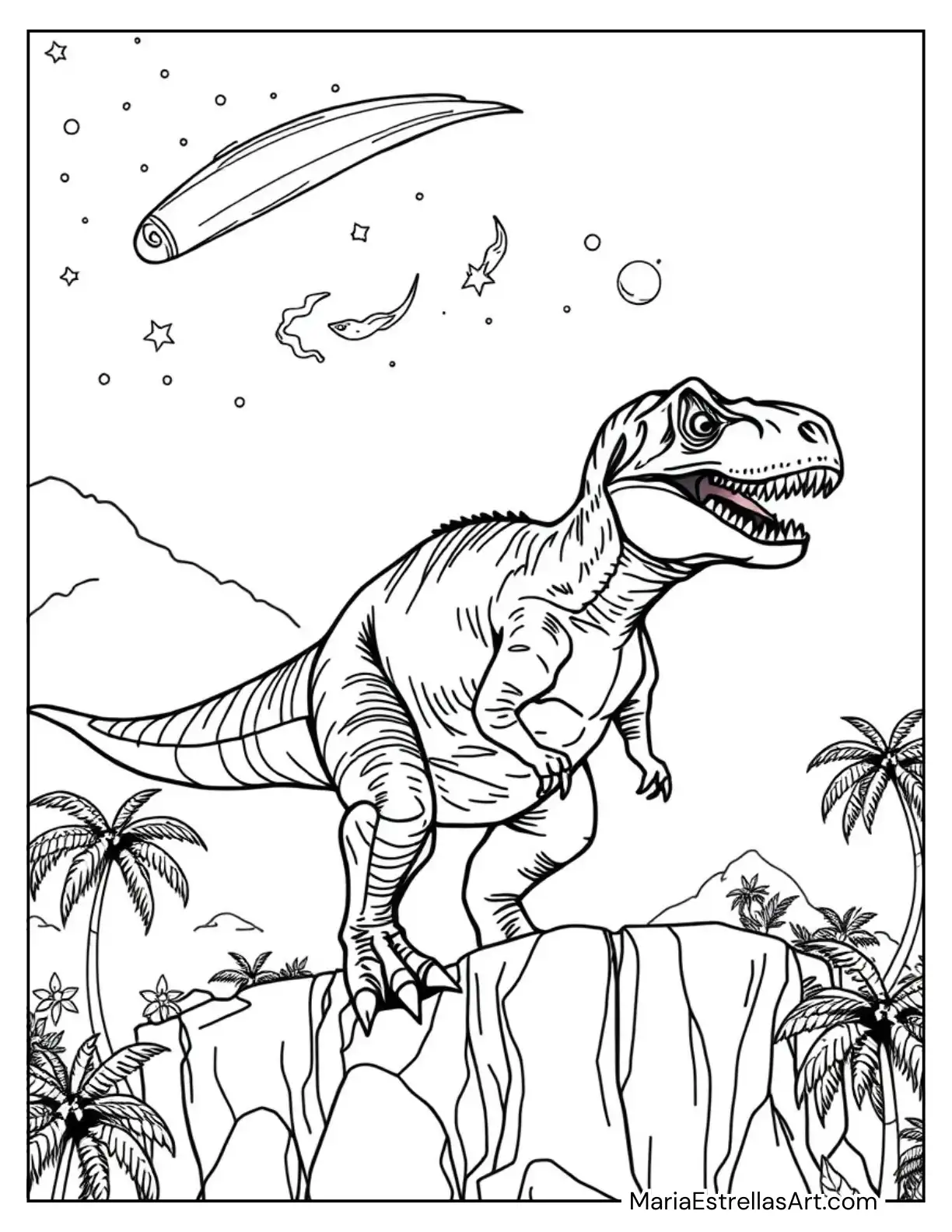 Tyrannosaurus Rex and a Comet Falling Coloring Sheet