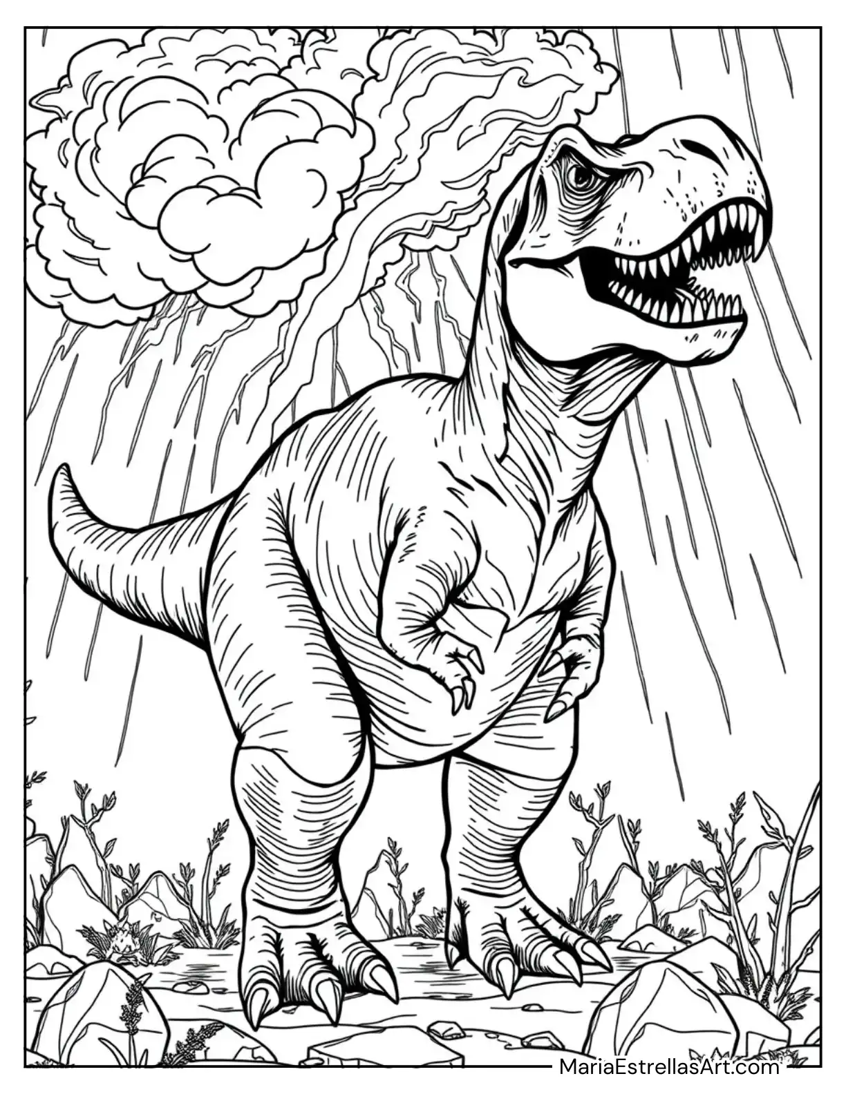 Tyrannosaurus Rex with Thunderstorm in Background Coloring Sheet