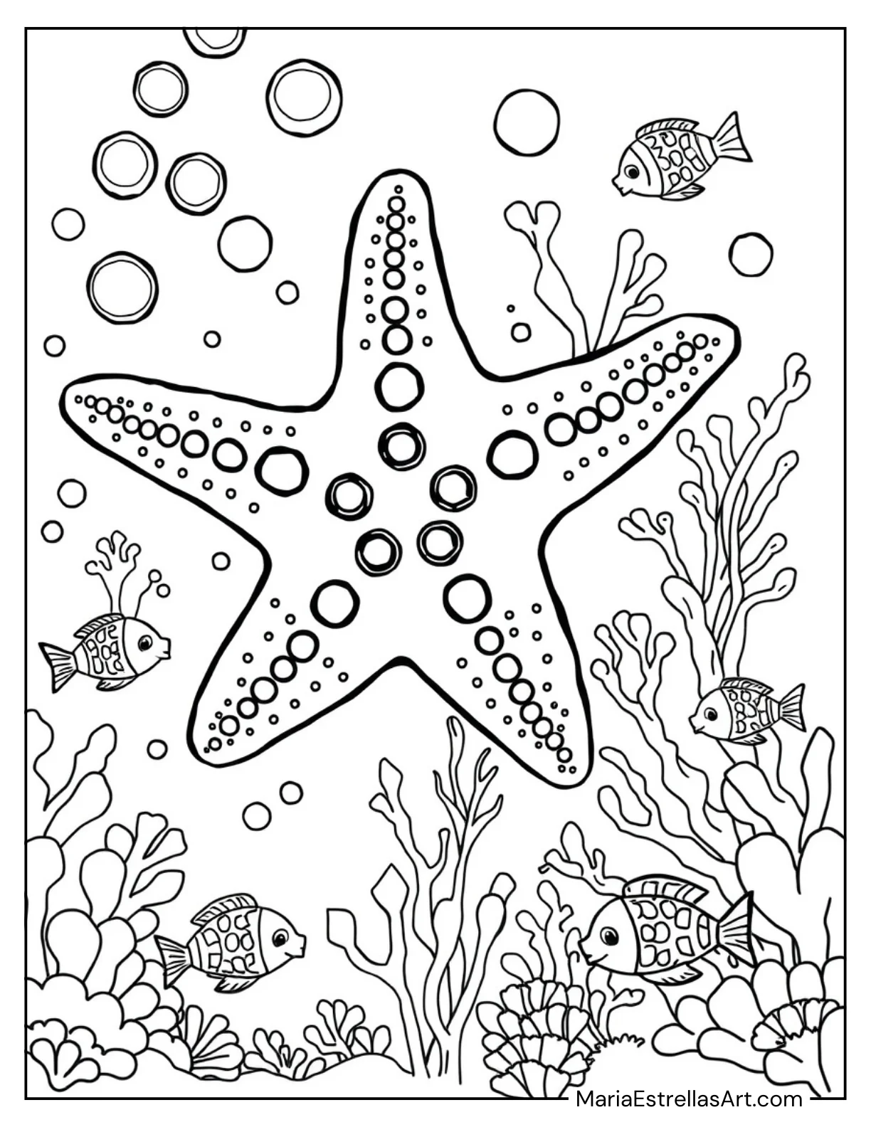 Underwater Scene with Starfish and Bubble Summer Coloring Page