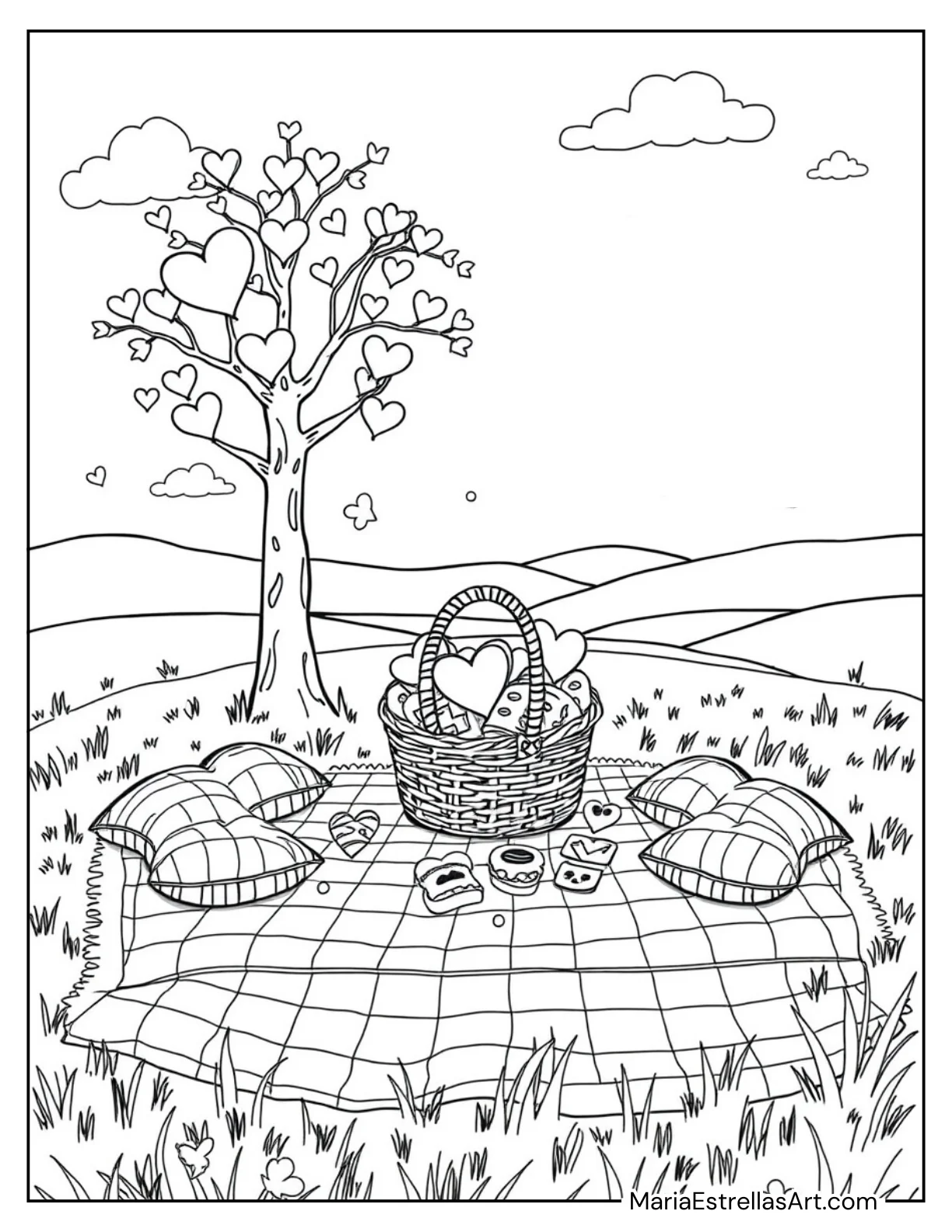 Valentine’s Picnic With Heart-Themed Decorations Coloring Page