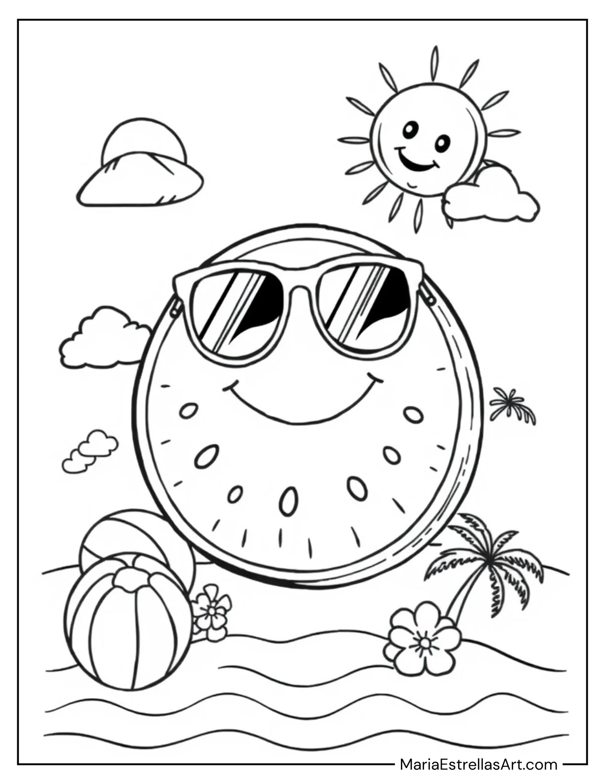 Watermelon Slice with Sunglasses Summer Coloring Page