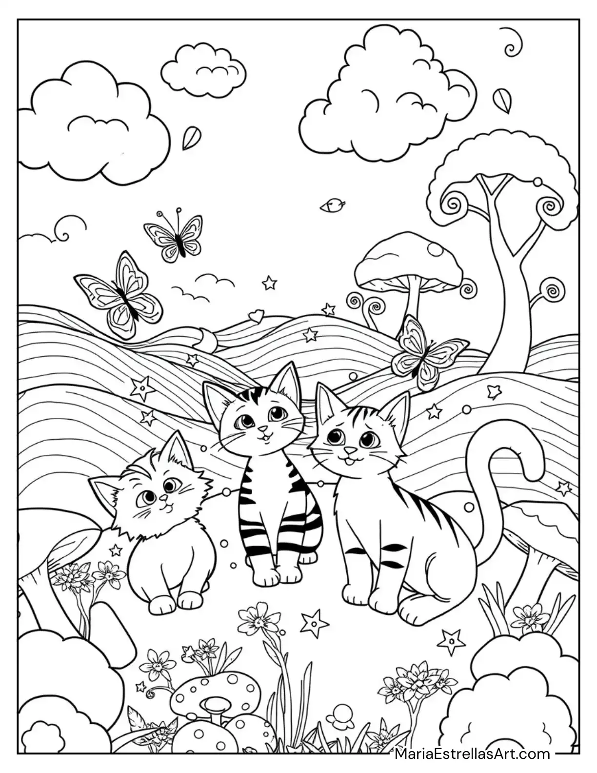 Whimsical Cats in Fantasy Land Coloring Sheet