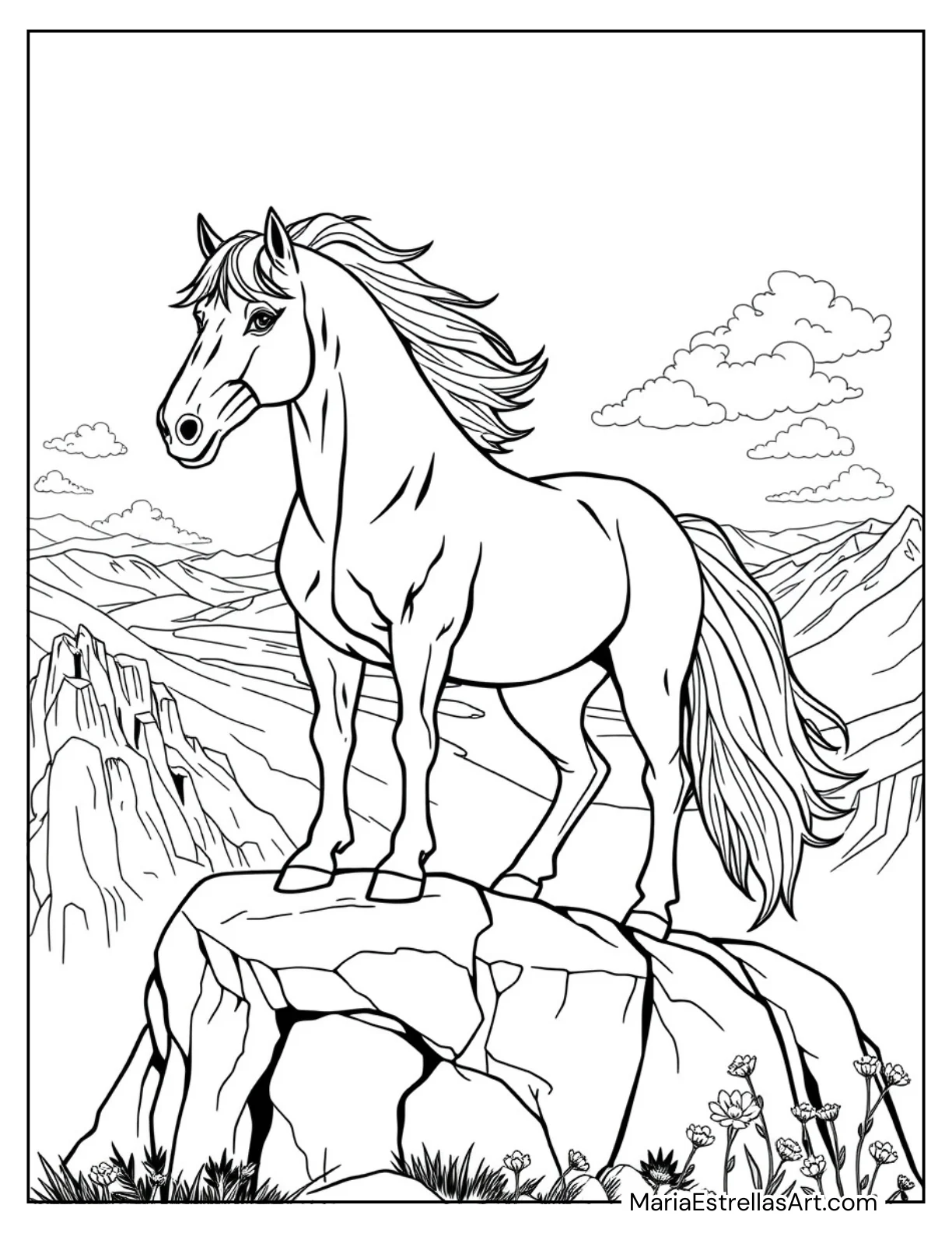 Wild Mustang Standing on a Rocky Cliff to Color for Kids