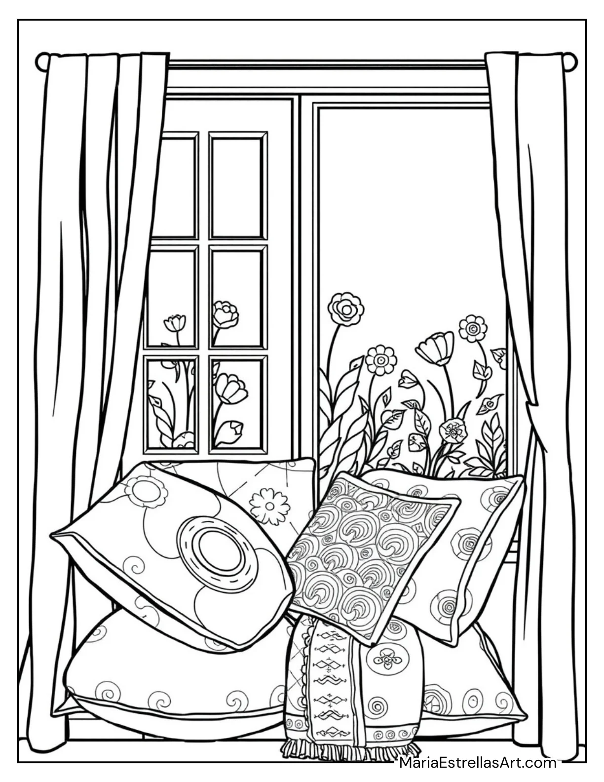 Window Nook With Cushions, and a Blanket Coloring Page