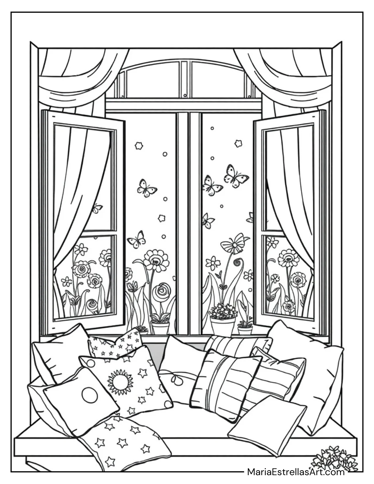 Window Seat Surrounded by Cushions Cozy Spaces Coloring Page