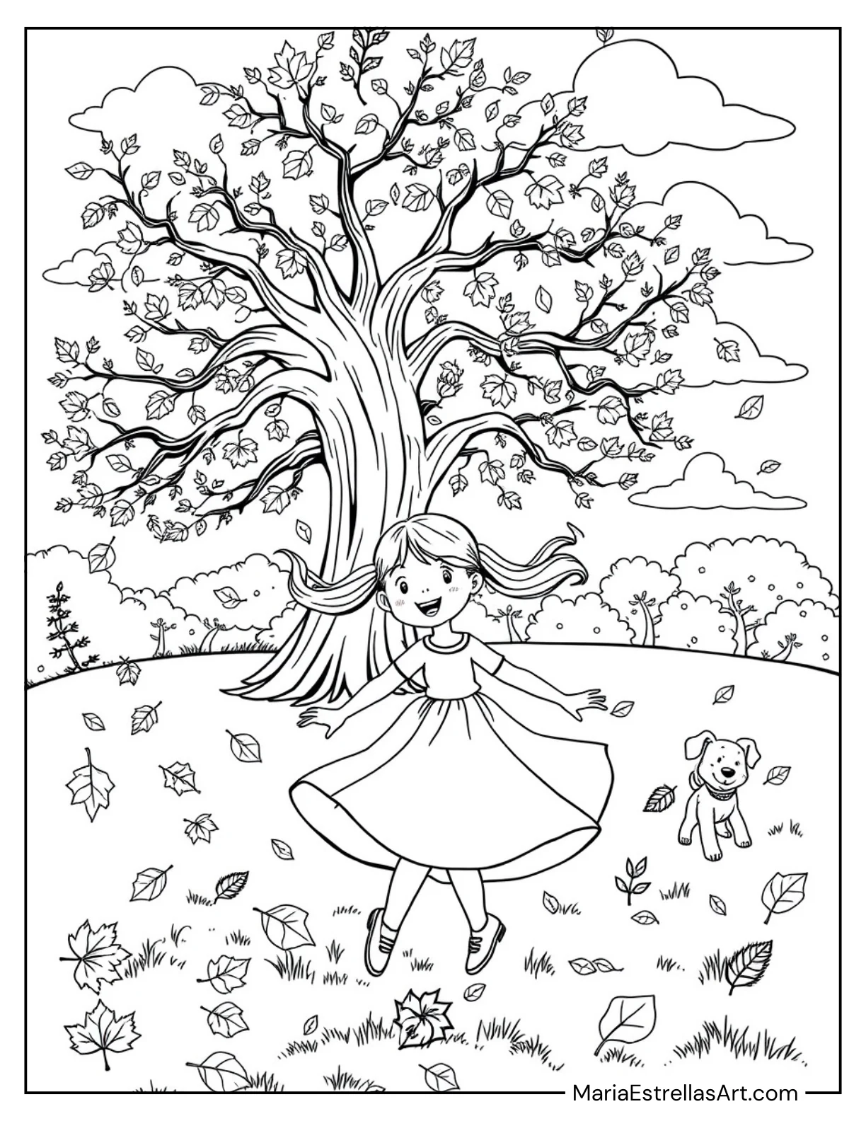 Windy Day with Blowing Leaves Fall Coloring Page