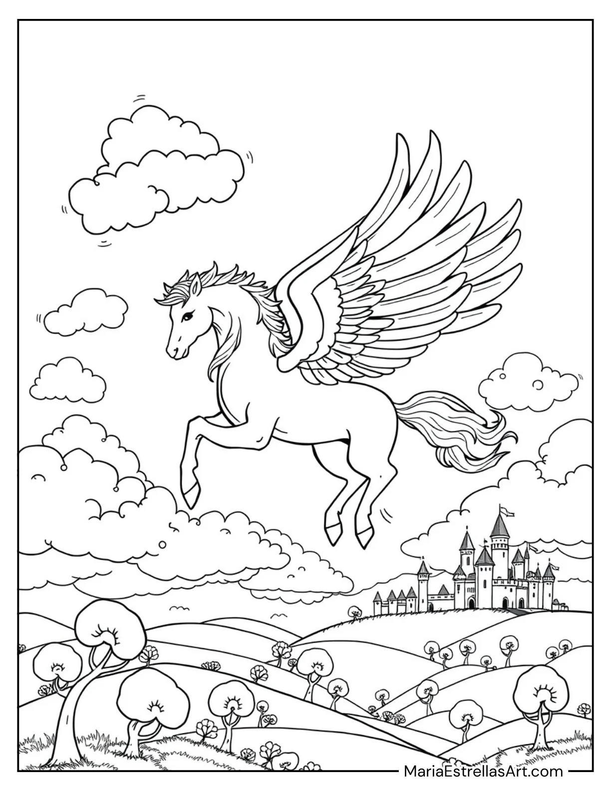 Winged Pegasus Flying Through a Sky Coloring Page