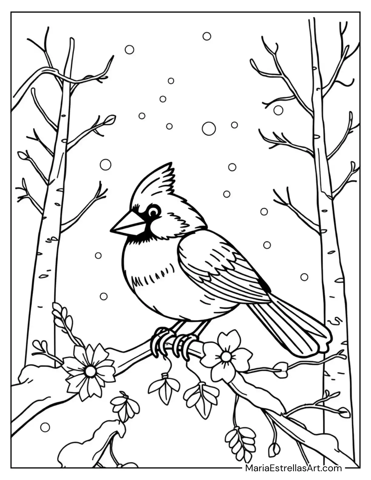 Winter Cardinal on a Snowy Branch For Kids to Color