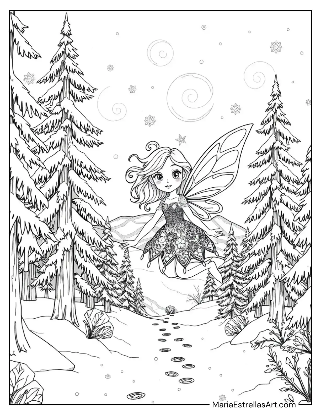 Winter Fairy in a Frosty Forest Coloring Sheet