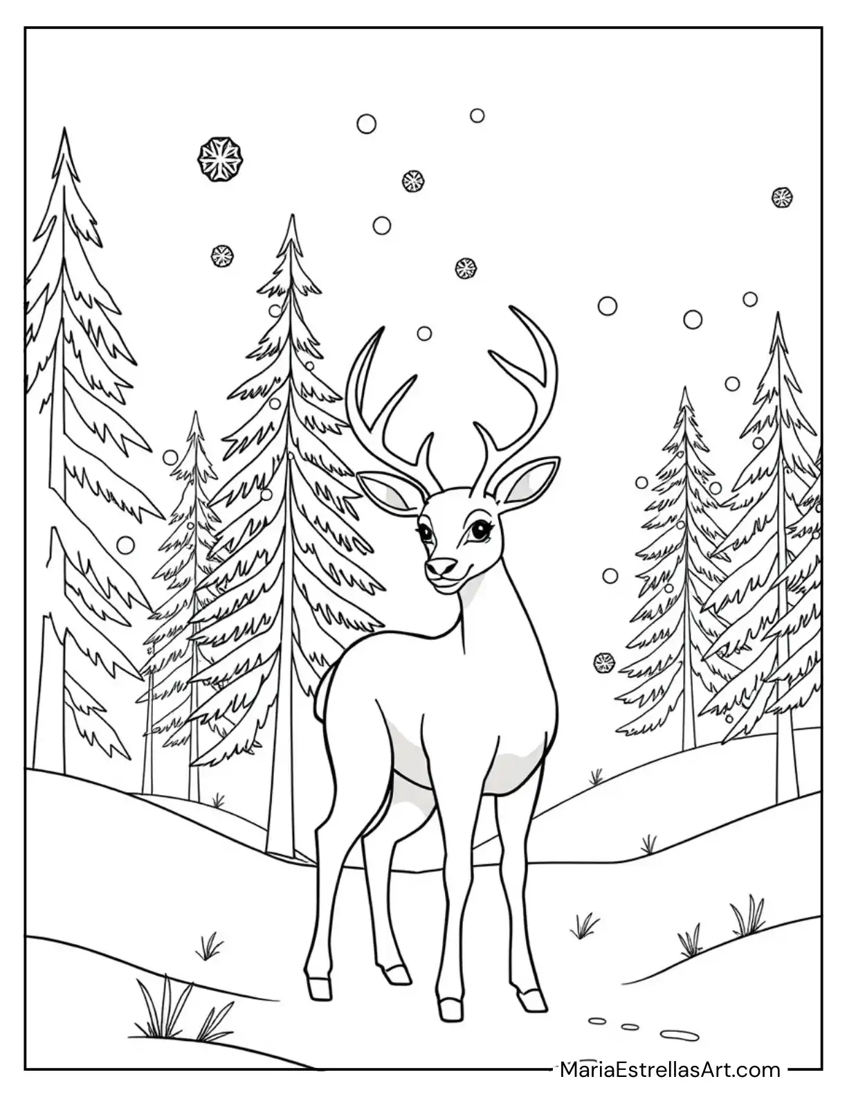 Winter Forest with Deer and Snowflakes for Kids to Color