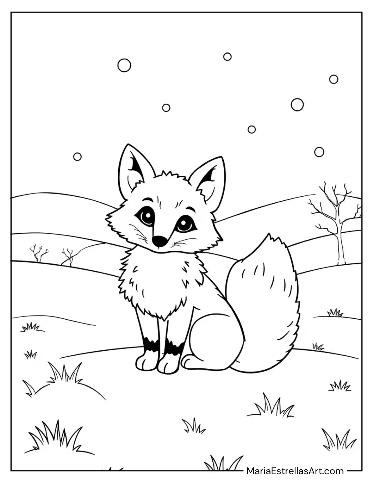 Winter Fox in a Snowy Meadow Coloring Sheet