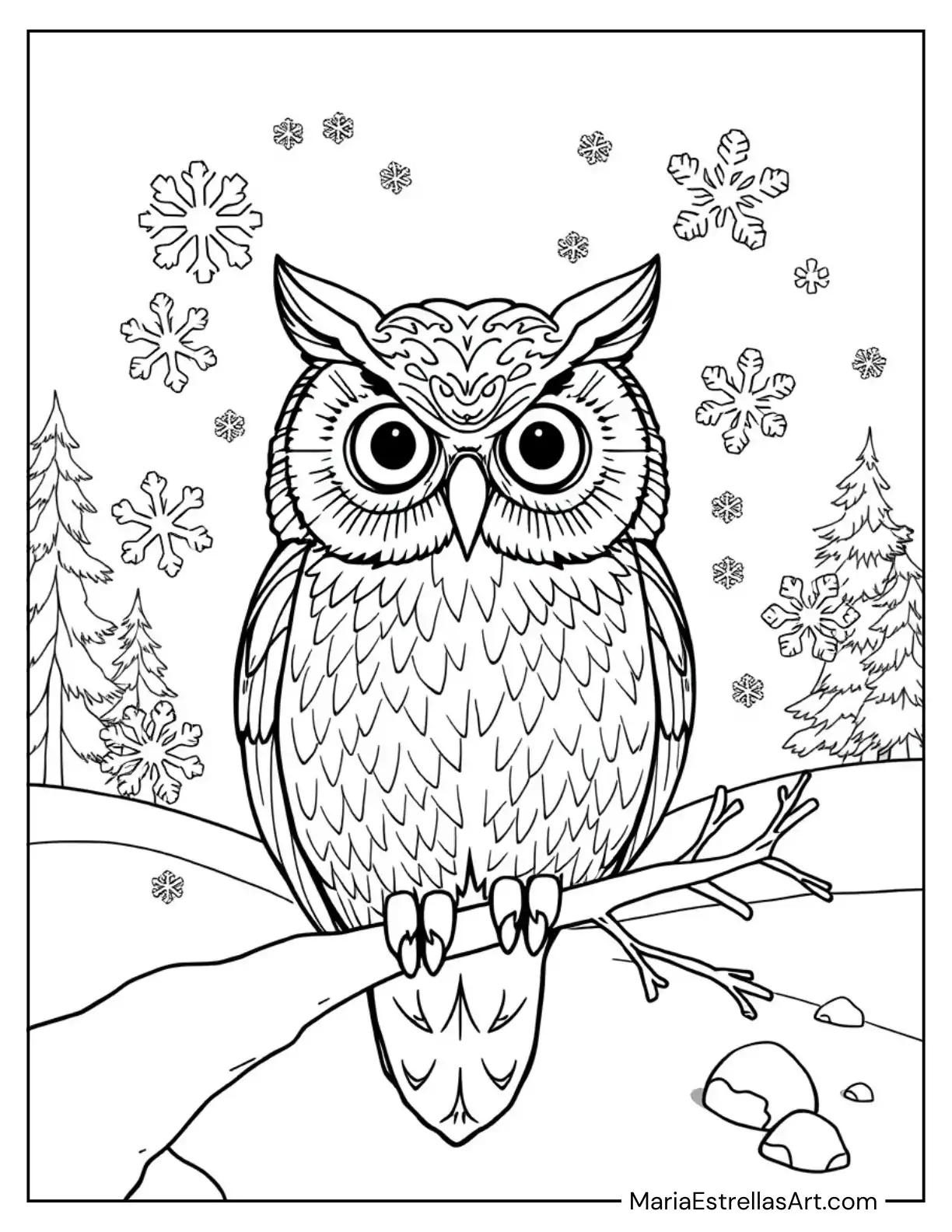 Winter Owl with Snowflakes for Kids to Color