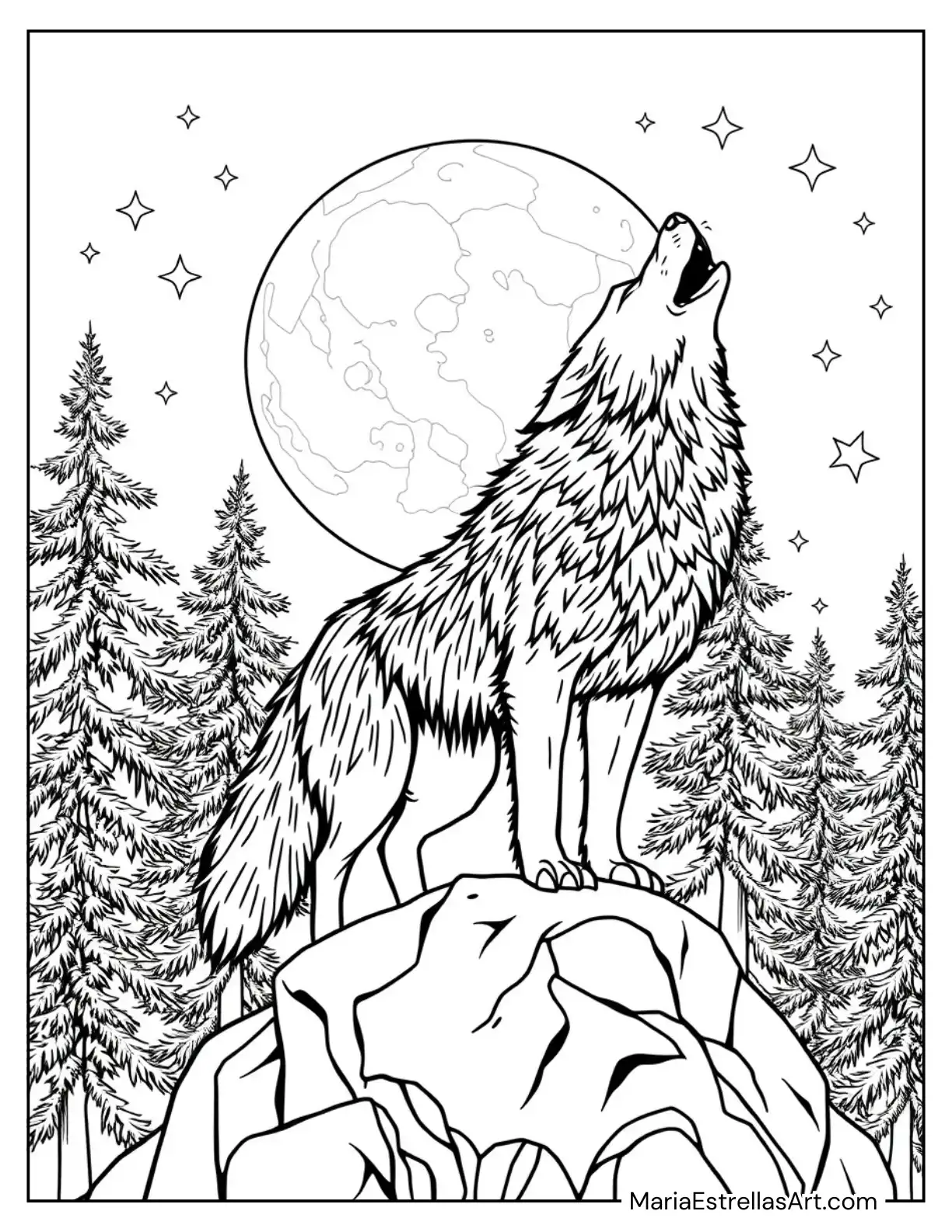 Wolf Howling at the Moon to Color for Kids