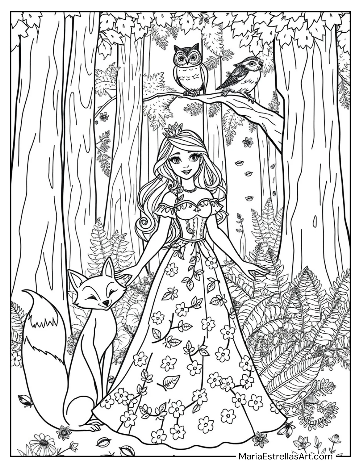 Woodland Princess Surrounded by Forest Animals Coloring Sheet