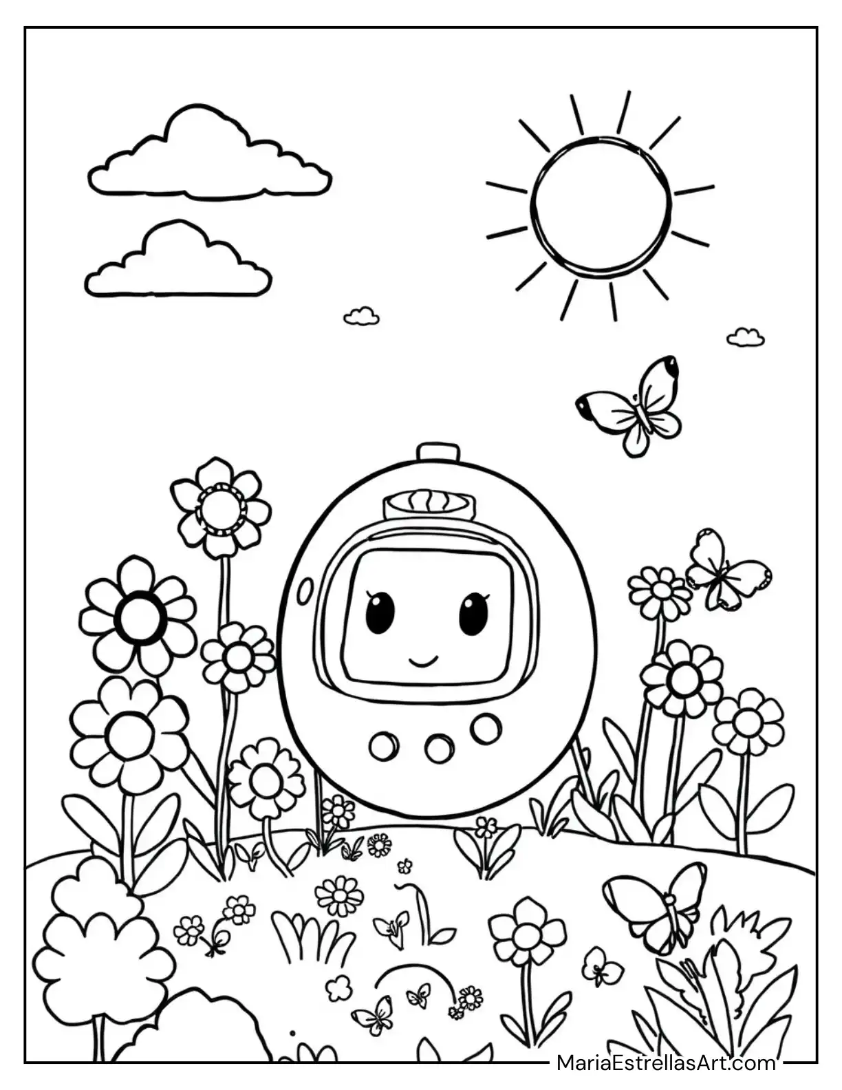 Y2K Tamagotchi Pet Floating in a Garden to Color for Kids