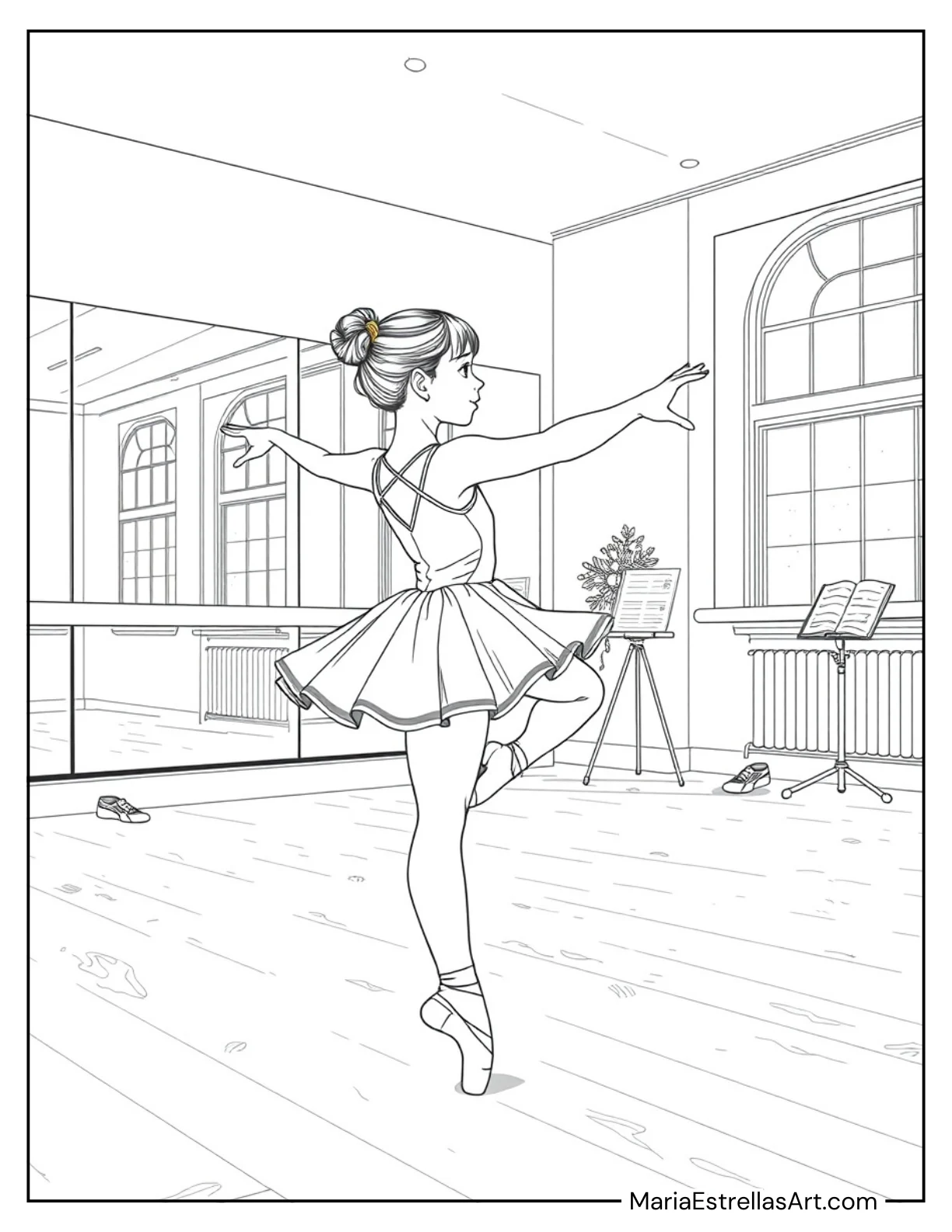 Young Ballerina Practicing in a Studio Coloring Sheet