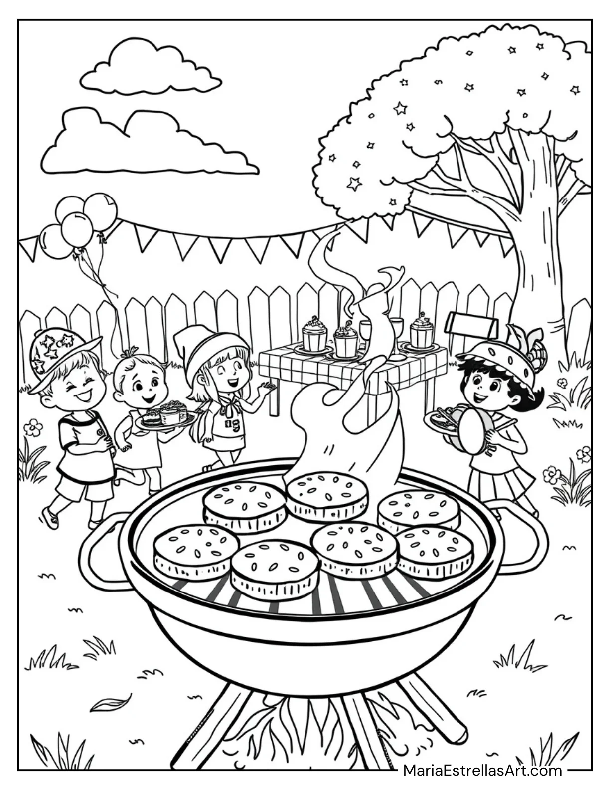 4th of July BBQ Grill with Burgers for Kids to Color