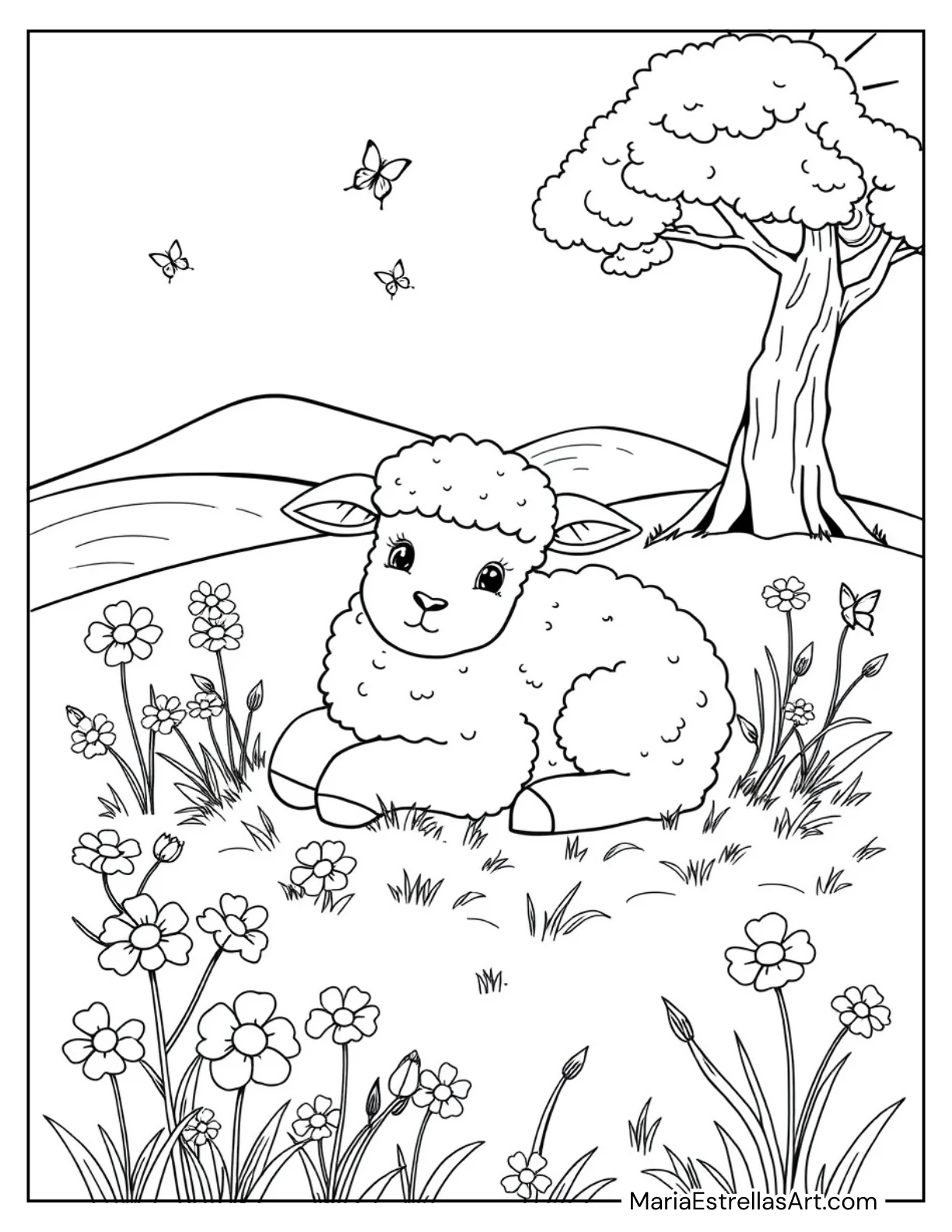 Adorable Lamb Resting on the Grass for Kids to Color