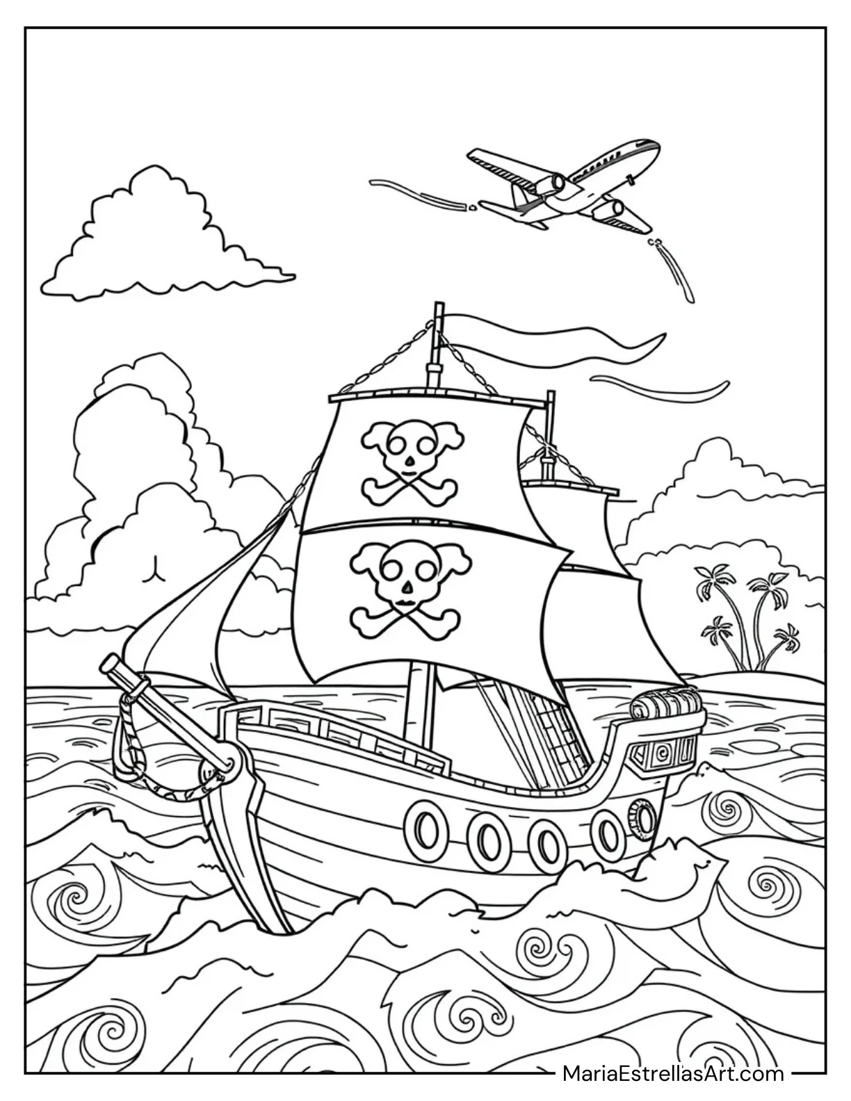 Airplane Flying Over a Pirate Ship