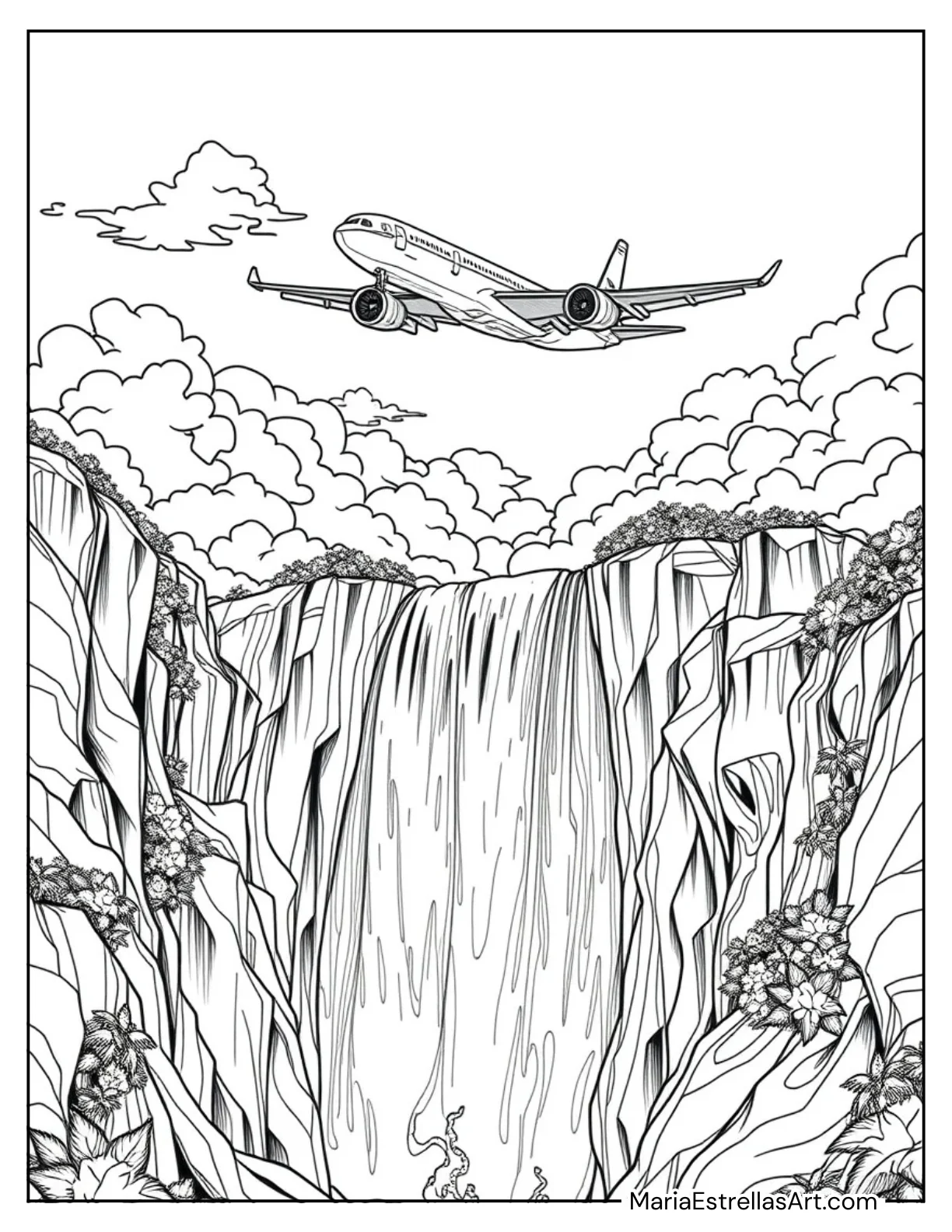 Airplane Flying Past a Giant Waterfall Coloring Sheet