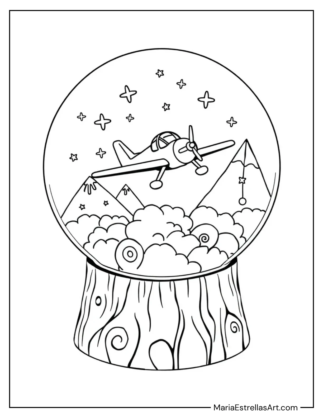 Airplane Inside a Snow Globe Coloring Sheet