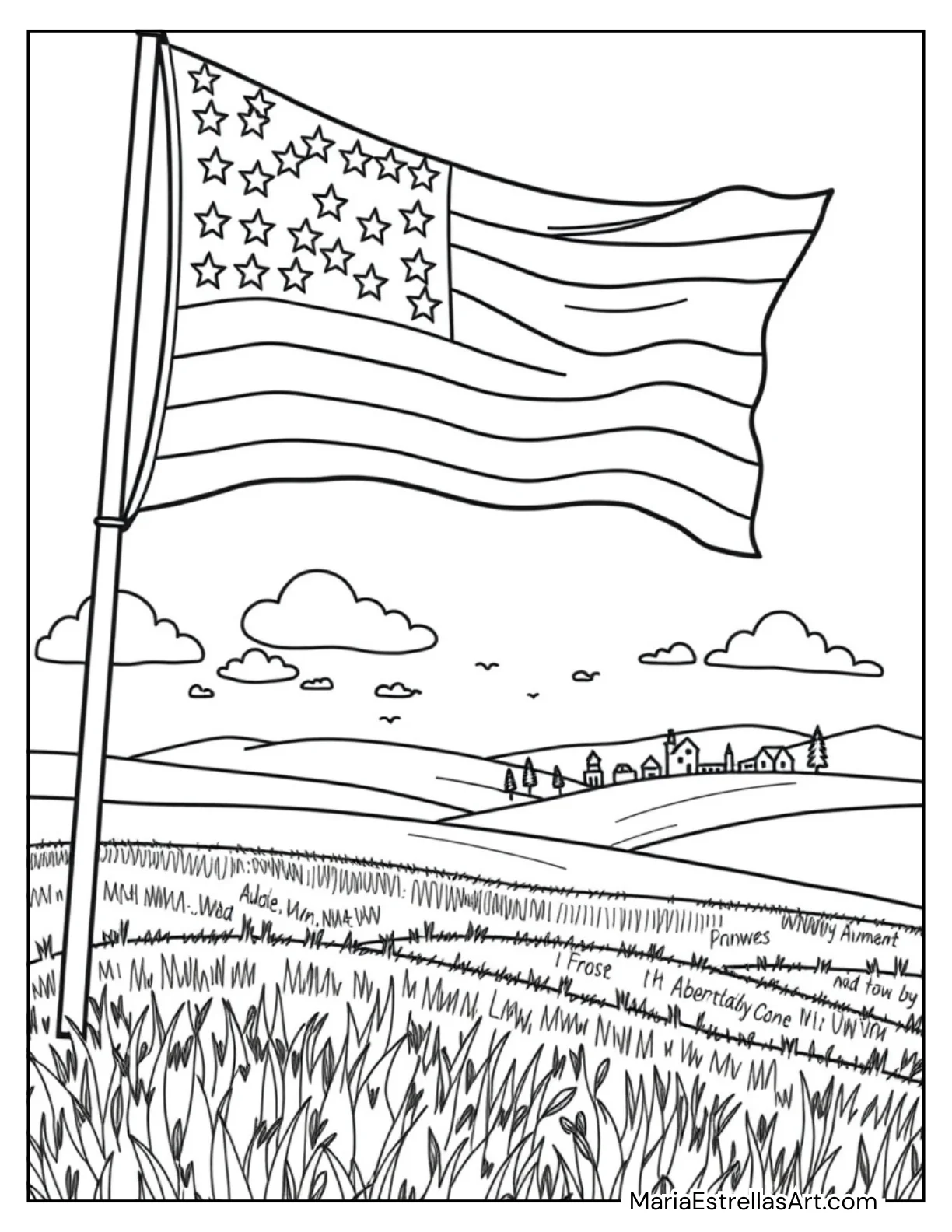 American Flag Waving Proudly Coloring Sheet