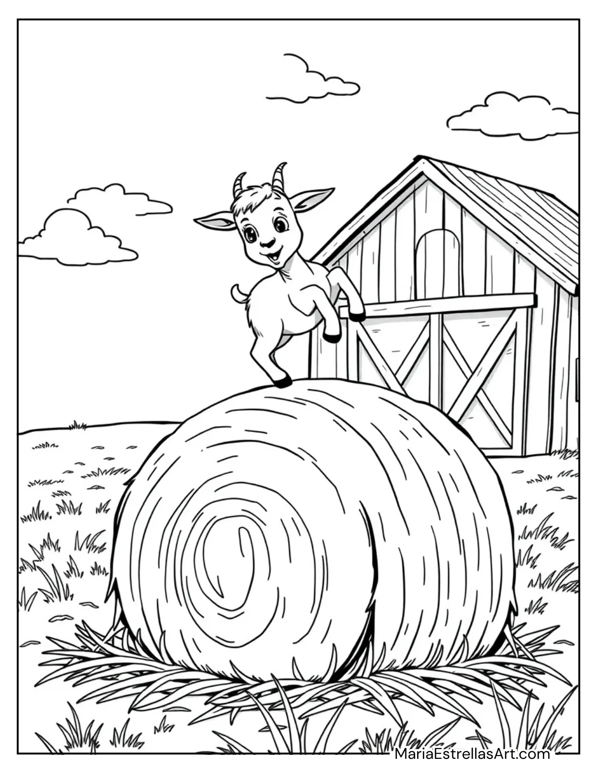 Baby Goat Jumping on a Hay Bale Coloring Page