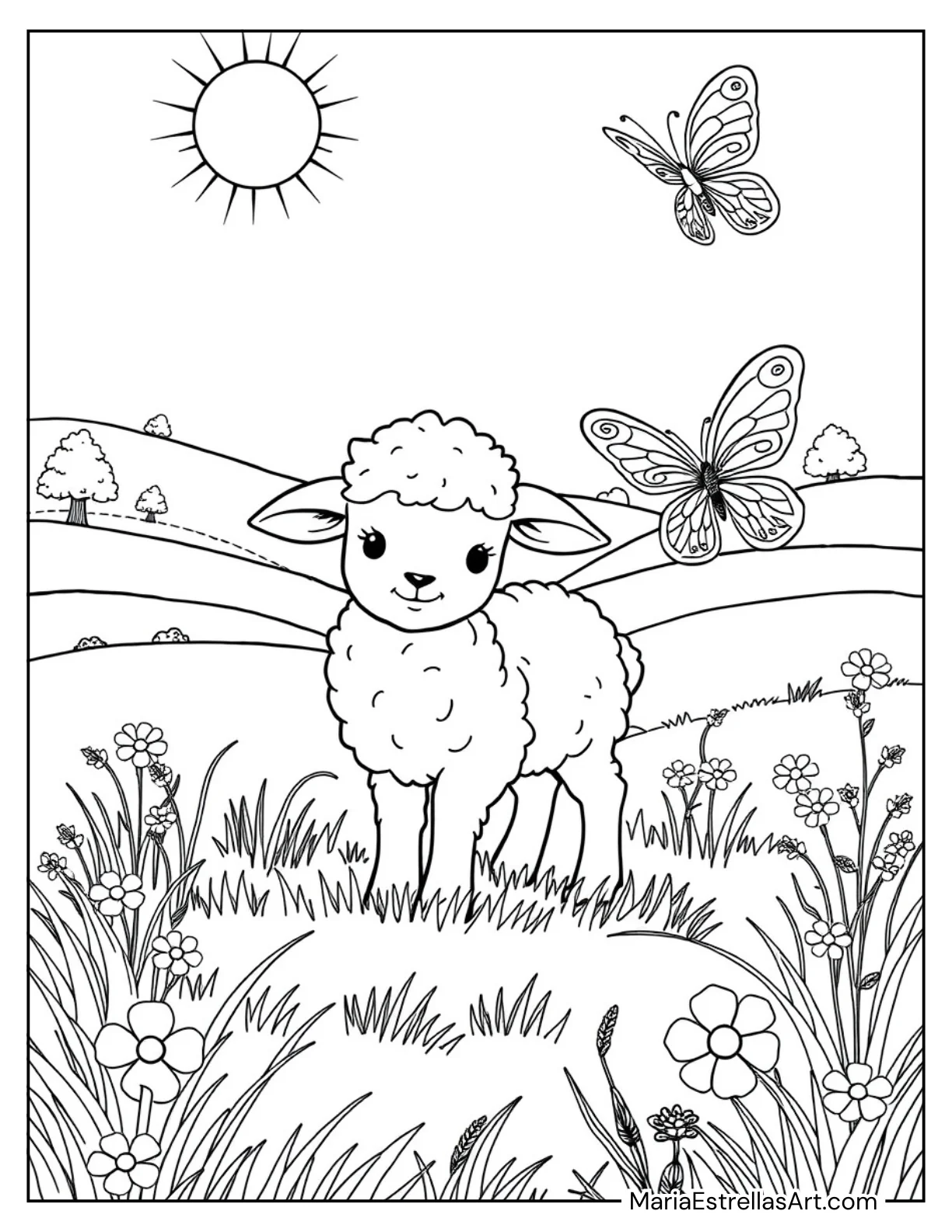 Baby Lamb with a Butterfly Friend Coloring Page