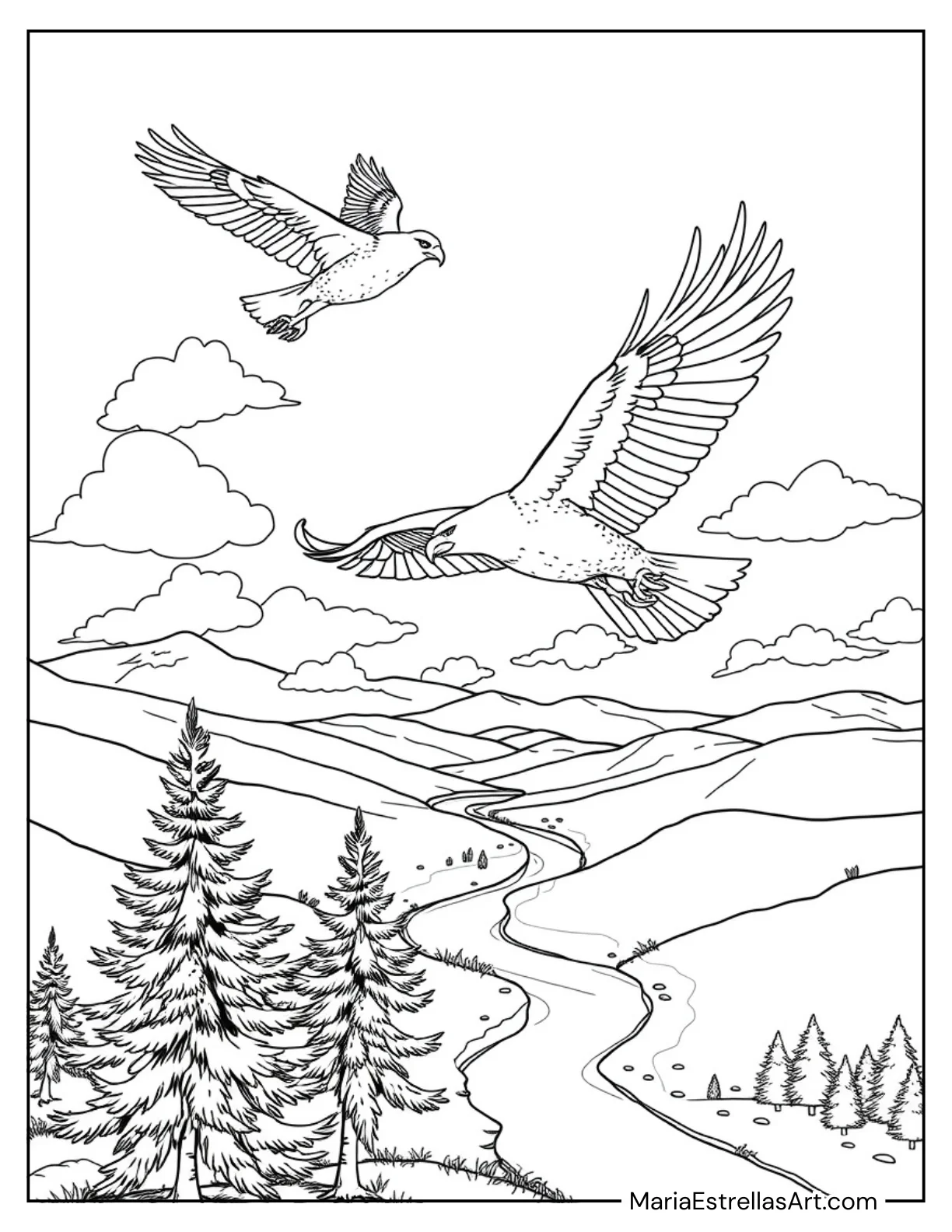 Bald Eagles Soaring in the Sky Coloring Sheet