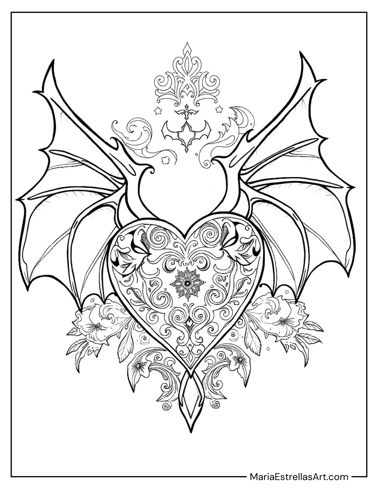 Bat Wings Surrounding a Gothic Heart Coloring Sheet