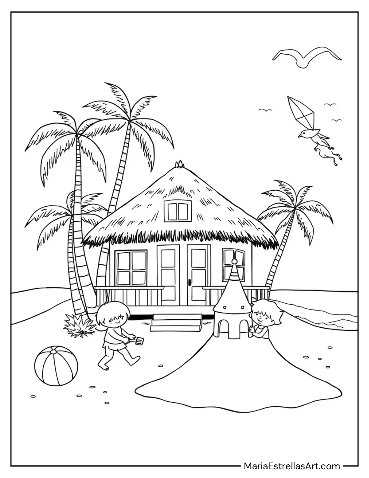 Beach House with Palm Trees for Kids to Color