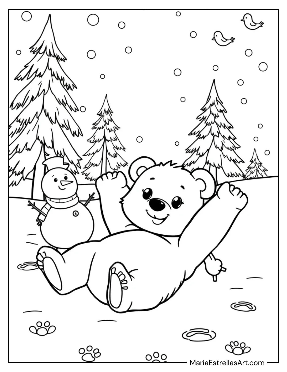 Bear Cub Playing in the Snow for Kids to Color