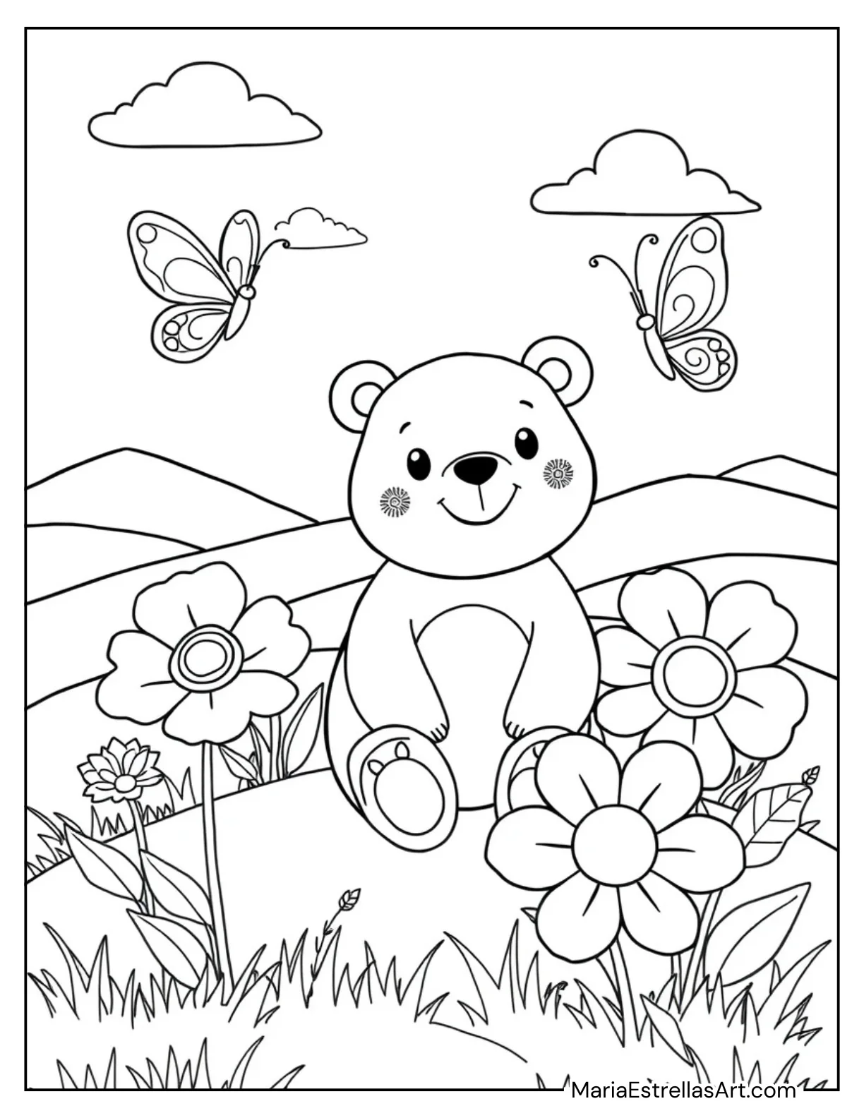 Bear and Butterfly on a Flower Coloring Page