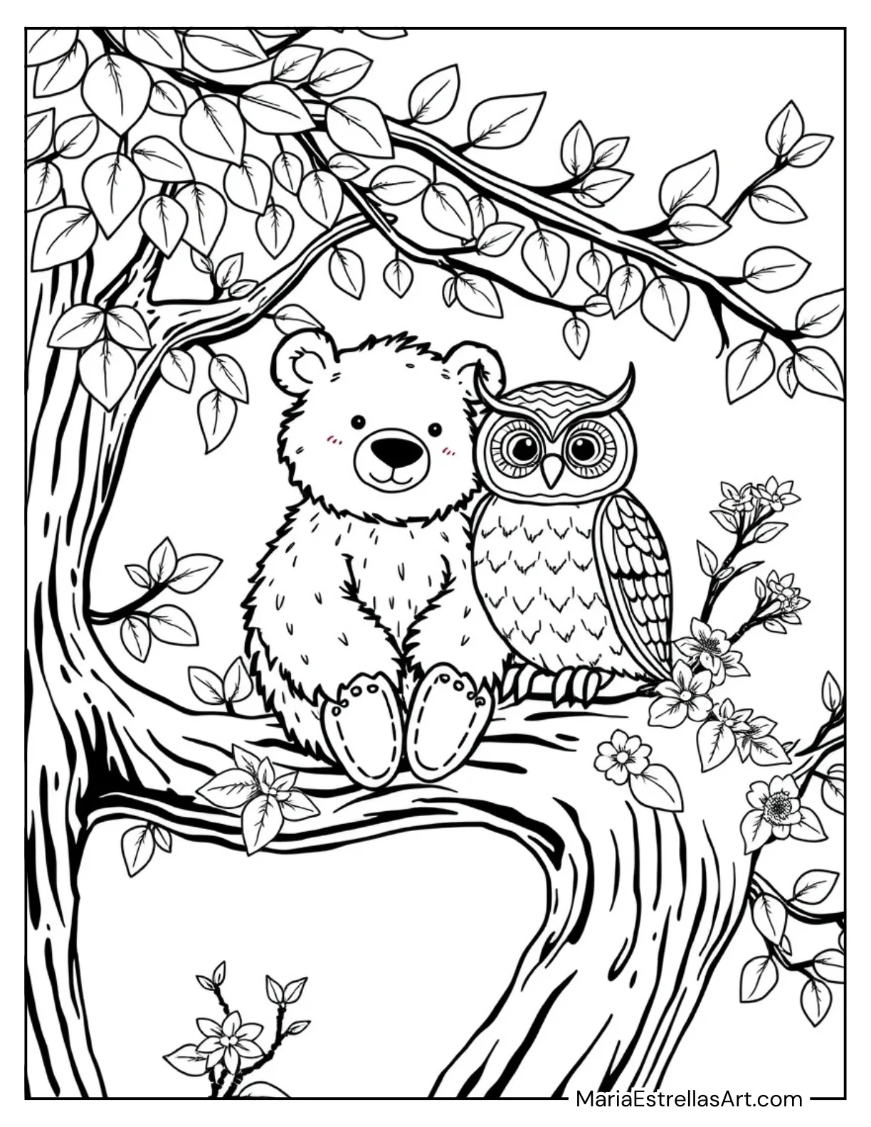 Bear and Owl Sitting on a Branch