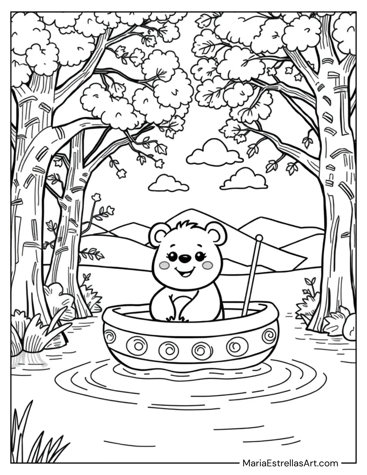 Bear in a Boat on a Calm River Coloring Sheet