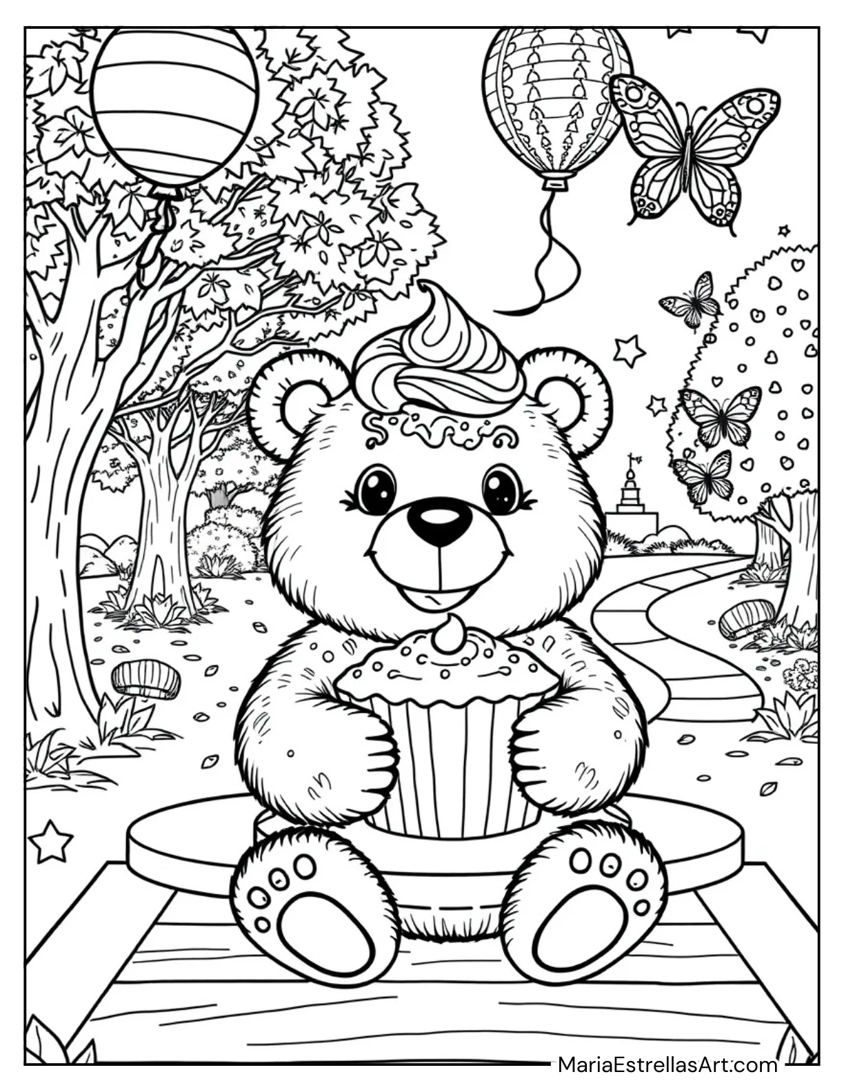 Bear with a Big Cupcake for Kids to Color