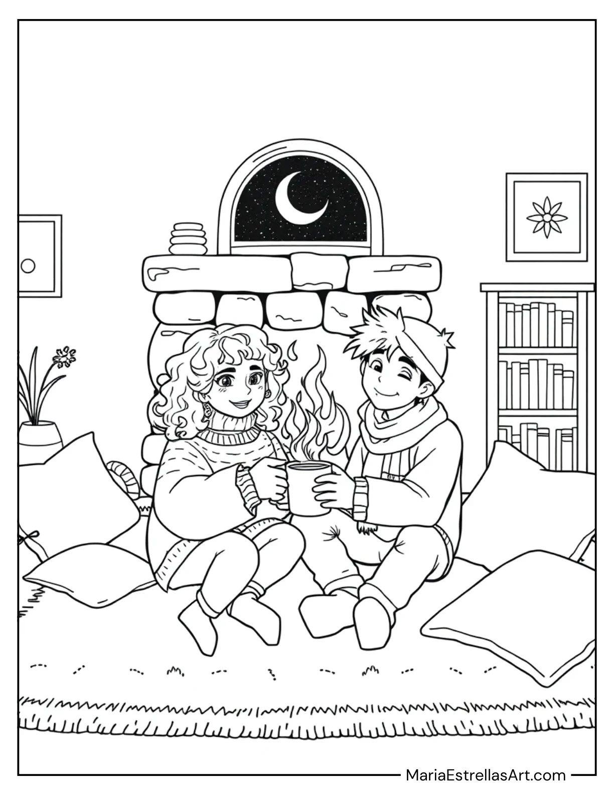 Best Friends Sitting by a Fireplace Coloring Sheet