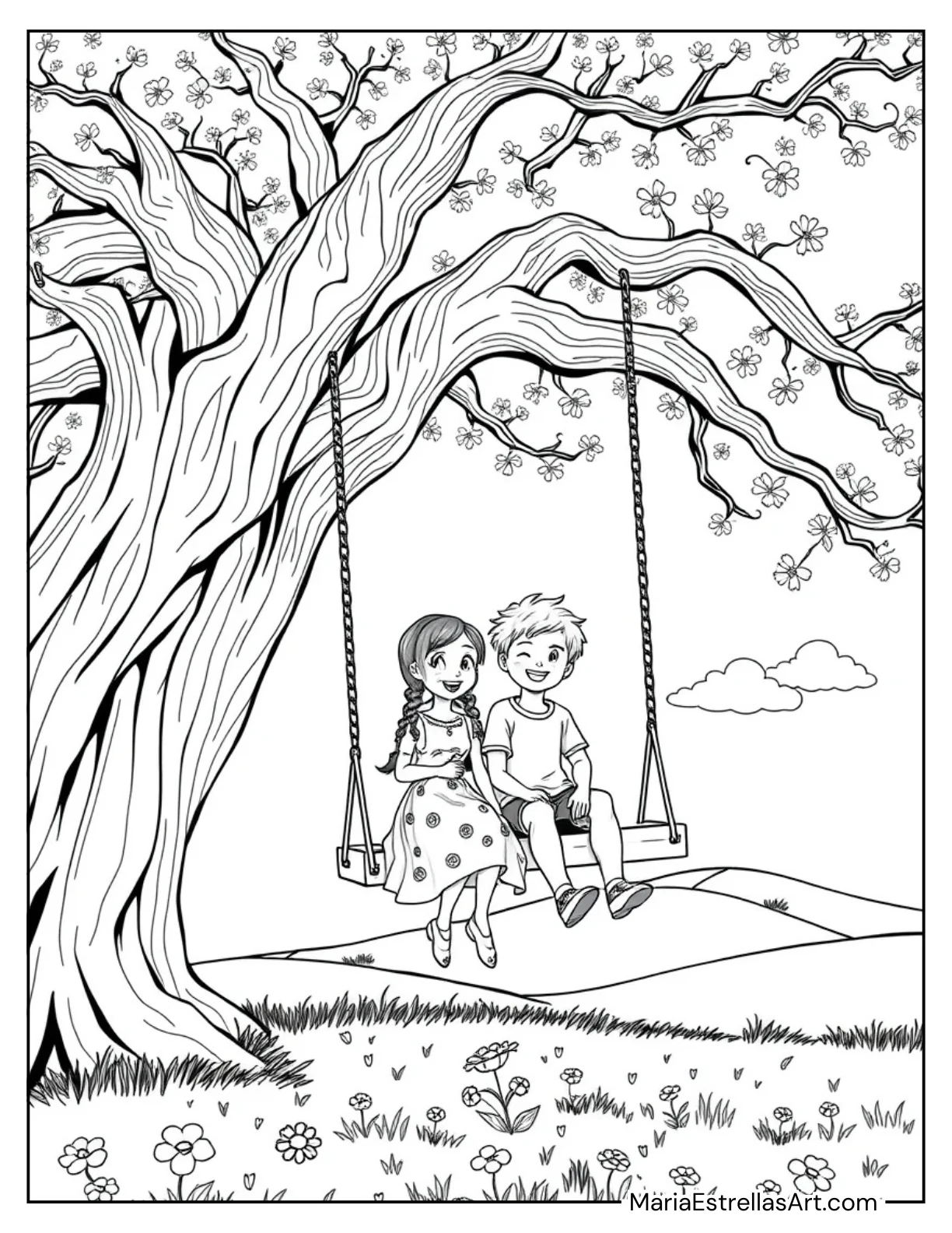 Best Friends Sitting on a Tree Swing Coloring Page