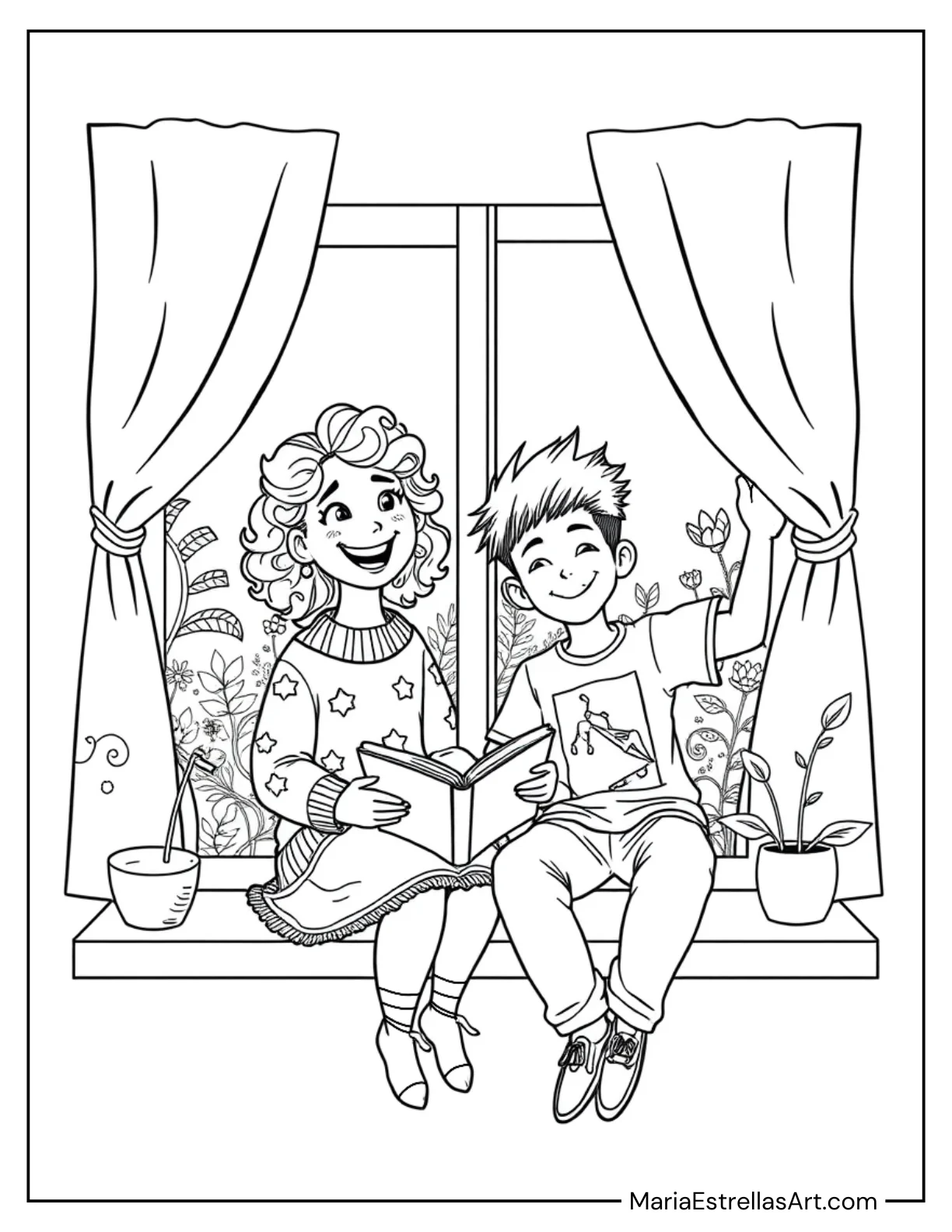 Best Friends Sitting on a Windowsill to Color for Kids