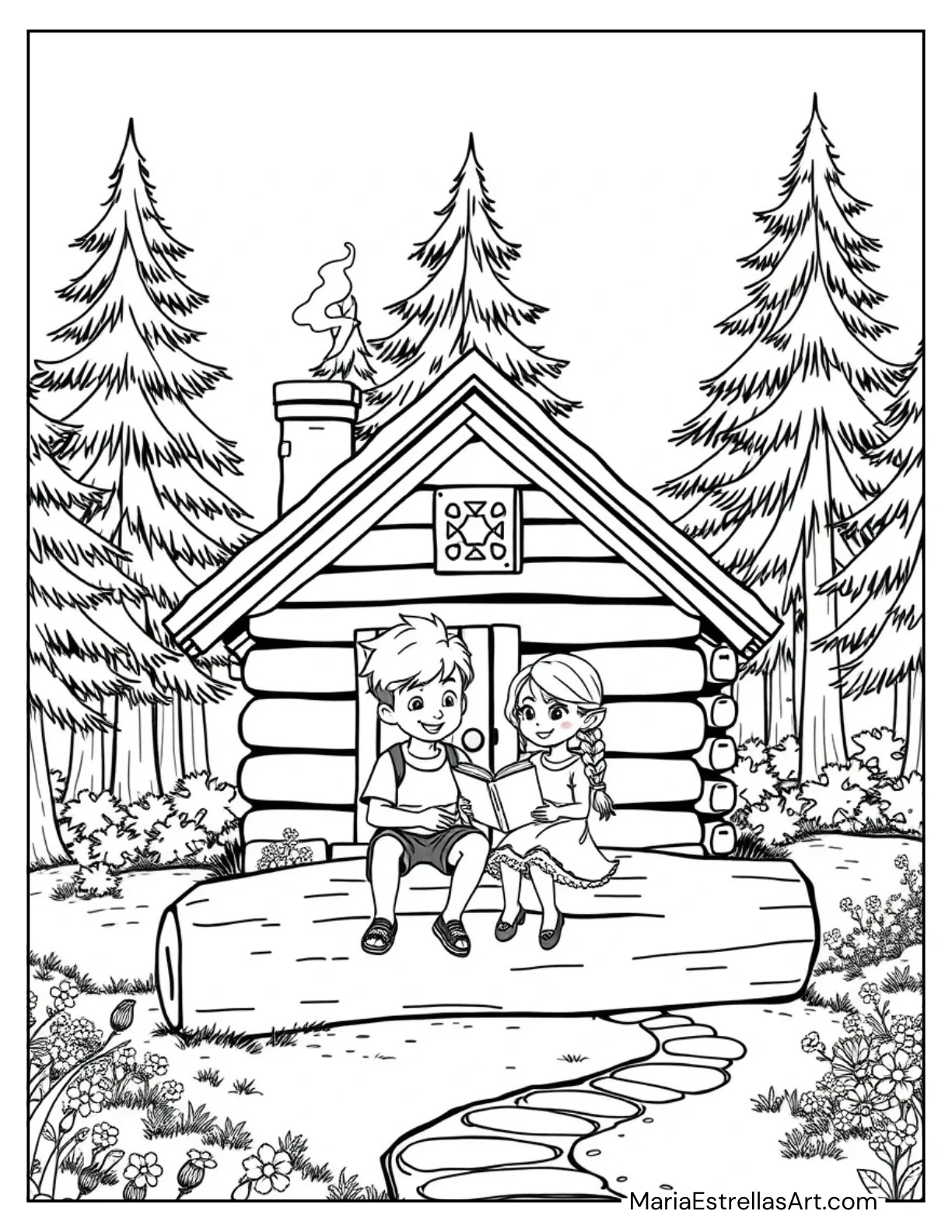 Best Friends in a Log Cabin Coloring Page